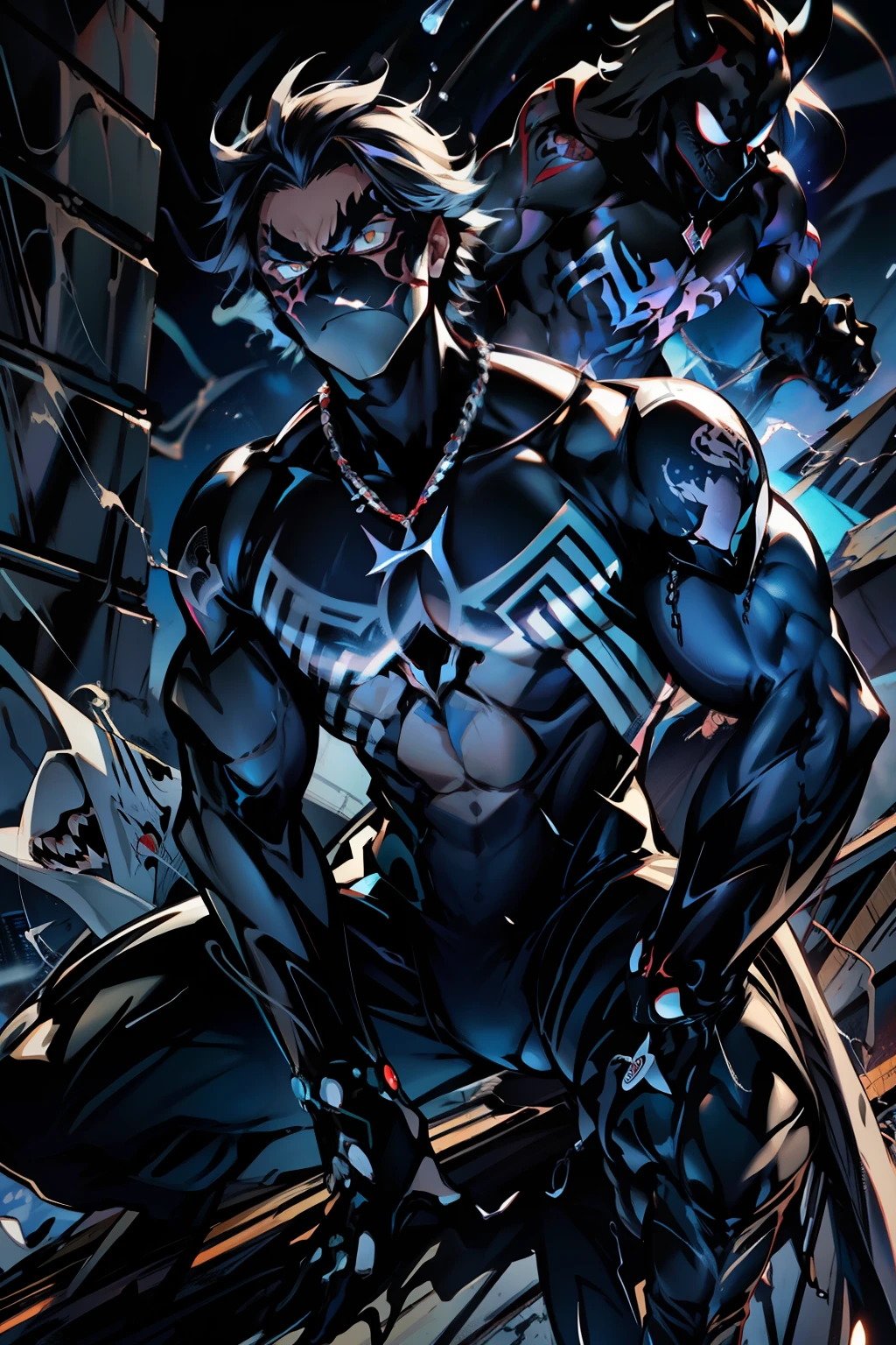 《the original god》Arataki Kazuto , male people, chest muscle, Sexy , Venom symbiote for your body, Black mucus of the body , into venom, venomize,Black bodysuit,(Cloak),Red cape,Abs,(Adult male)((Venom possession,venom symbiote)),over-Tortoise Man,Battle damage,((Masterpiece)), ((Best quality)), Ultra detailed,((illustration)), Dynamic Angle, Detailed light, (Delicate eyes), Floating, 1boy, Male focus, Head, Clothing, Yellow eyes, necklace, tattoo, (Forehead:0.8), (ahoge:0.8), jewelry, brunette color hair,apathy,Ray, chest muscle, Sexy , Venom symbiote for your body, Black mucus of the body , (into venom), Venom,frontage,Bust photo,White tight-fitting top,spiderman outfit,style of anime4 K, 4K anime wallpaper, Badass anime 8 K, 4 k comic wallpaper, young anime man, Anime boys, Anime wallpapers 4 k, Anime wallpaper 4K, High quality anime art style, Anime moe art style, Anime art wallpaper 8 K, Anime art wallpaper 4 K, RGB lighting,