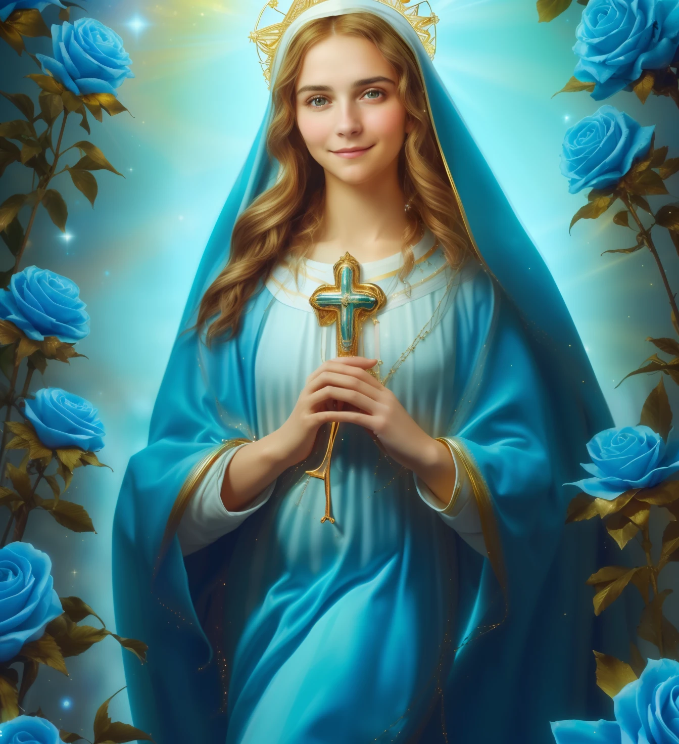(((Saint Virgin Mary. 19 years old))) ((( Con una cara seria y piadosa. Con una mirada dulce y tierna))) (obra maestra, calidad superior, mejor calidad, arte oficial, beautiful and aesthetic: 1.2), (1girl), extremadamente detallado, (Arte fractal: 1.3), colorido, highest detailed, Cara perfecta, parte superior del cuerpo, HDR, (orando: 1.3), (golden lines of white coat: 1.2), galaxia, (rayas de luz), eye-catching visuals, (dynamic stripes, senderos luminosos: 1.2), colores vibrantes,