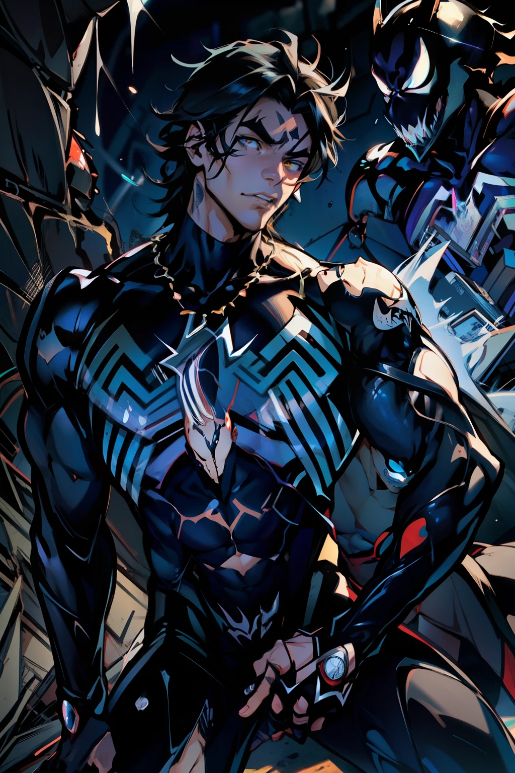 《the original god》Arataki Kazuto , male people, chest muscle, Sexy , Venom symbiote for your body, Black mucus of the body , into venom, venomize,Black bodysuit,(Cloak),Red cape,Abs,(Adult male)((Venom possession,venom symbiote)),over-Tortoise Man,Battle damage,((Masterpiece)), ((Best quality)), Ultra detailed,((illustration)), Dynamic Angle, Detailed light, (Delicate eyes), Floating, 1boy, Male focus, Head, Clothing, Yellow eyes, necklace, tattoo, (Forehead:0.8), (ahoge:0.8), jewelry, brunette color hair,apathy,Ray, chest muscle, Sexy , Venom symbiote for your body, Black mucus of the body , (into venom), Venom,frontage,Bust photo,White tight-fitting top,spiderman outfit,style of anime4 K, 4K anime wallpaper, Badass anime 8 K, 4 k comic wallpaper, young anime man, Anime boys, Anime wallpapers 4 k, Anime wallpaper 4K, High quality anime art style, Anime moe art style, Anime art wallpaper 8 K, Anime art wallpaper 4 K, RGB lighting,