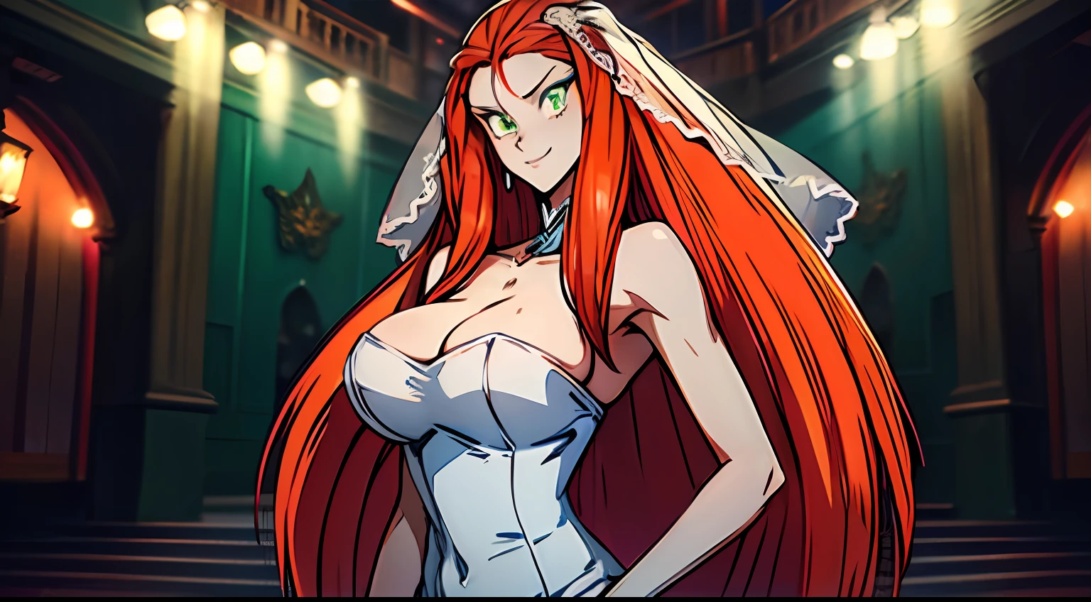 ((masterpiece)), ((best quality)), ultra detailed, detailed background, orange hair, Long Hair , green eyes, thin eyes, extreme large breast, long hair, highest details, sexy, focus, Alluring, long legs, hentai style, sensual smile, erotic, erotic body, sexually suggestive, hentai body, sensual pose, naughty face, aroused body, ((wedding dress))