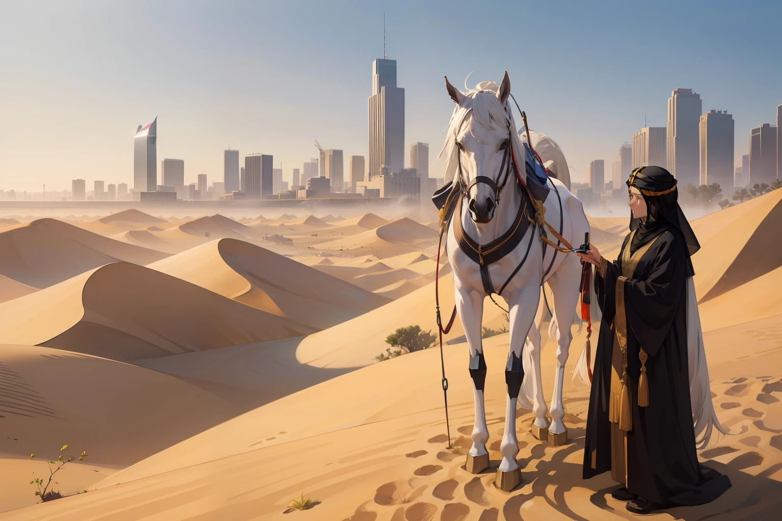 Prompt:
Amid the endless golden dunes of the desert, an unusual scenario unfolds before the eyes of Sheikh Ahmed Al-Farid. Your faithful Arabian horse stops on the warm sands, as he watches with amazement the vision unfolding before him: the entrance to the Desert Technological City.

A cidade se ergue majestosamente no horizonte, A futuristic metropolis in the heart of the dunes. Gleaming skyscrapers soar toward the sky, suas fachadas de vidro refletindo a intensa luz solar. Flying cars silently crisscross the sky, Tracing trails of light and shadow in the streets below. The bold and geometric architecture contrasts in a surprising way with the natural landscape of the surrounding desert.

While Sheikh Ahmed approaches on foot the entrance of the city, monumental gates open automatically, como se soubessem de sua chegada iminente. The warm desert breeze is replaced by a current, controlled stream of fresh air, loaded with a sense of modernity and innovation. The street in front of you is wide and perfectly paved, with rows of futuristic trees emanating soft lighting.

The Sheik is approached by a sleek-looking robot, who bows in greeting and greets him in fluent Arabic. The robot, identificado como A.I.D.E.N (Autonomous Interface for Digital and Electronic Networking), offers to accompany you on your exploration of the city. He explains that the Technological City is an example of harmonious coexistence between nature and technology, where solar panels and water harvesting technologies maintain the ecological balance.

Conforme o Sheik entra na cidade, It passes through vibrant squares, virtual markets and urban parks filled with native desert vegetation. Pessoas de todas as culturas e origens interagem em harmonia, mostrando que a tecnologia transcende barreiras culturais e sociais. Ao longo do caminho, hologramas exibem obras de arte digital, information about the history of the city and announcements of cultural events