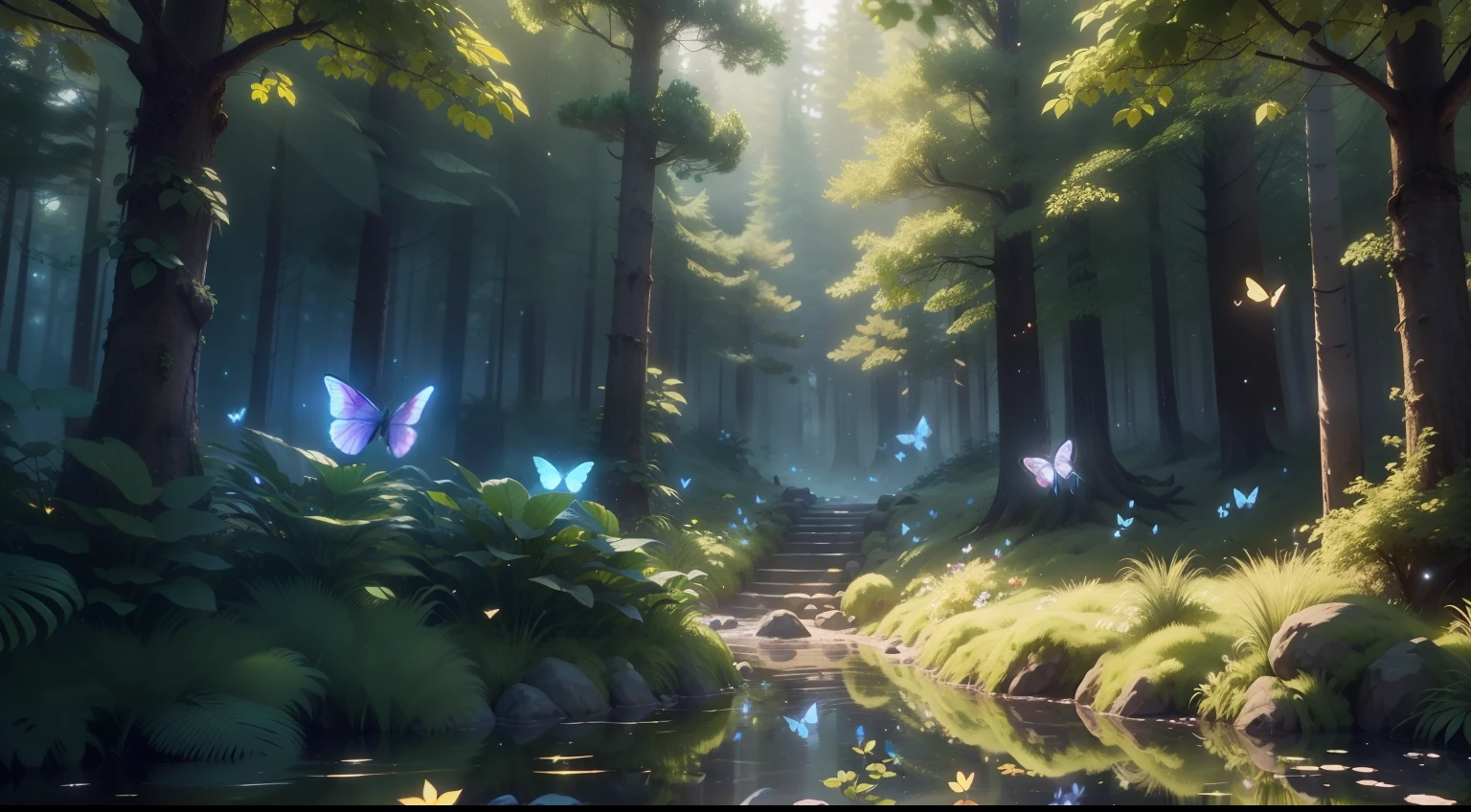 A masterpiece, the best quality, stunning reflections, the best reflections ever. (very detailed CG unity 8k wallpapers), (best quality), (best illustrations), (best shadows), forest theme with natural elements. Tall trees, quiet streams, small glowing mushrooms surrounded by delicate leaves and branches, with fireflies and glowing particle effects,, (natural elements), (jungle theme), (leaves), (twigs), (fireflies), butterflies, (delicate leaves), (glow), (particle effects). , Isometric 3D, Octane Rendering, Ray Traced, Super Detailed