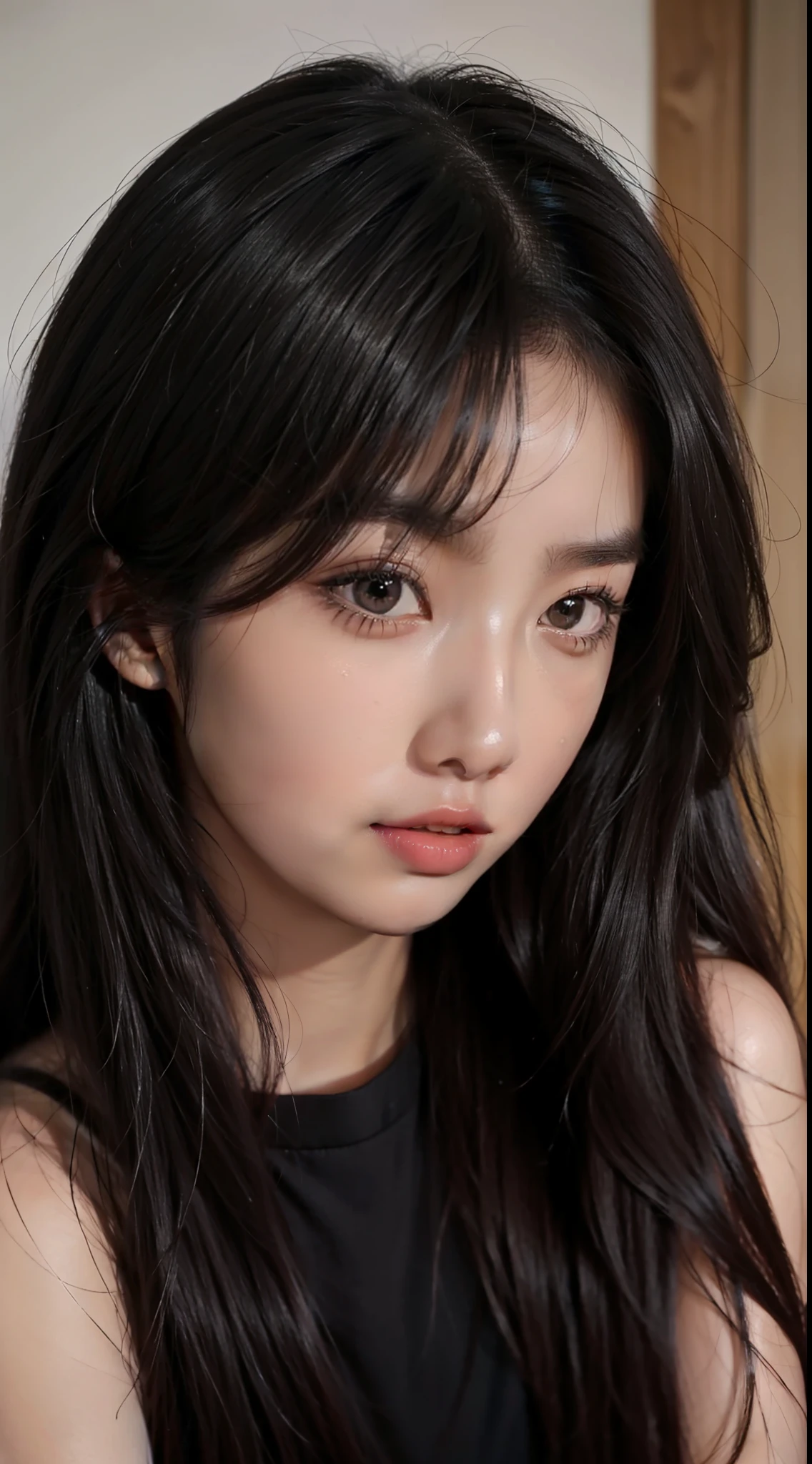a close up of a woman with long hair and a black top, popular korean makeup, popular south korean makeup, ulzzang, gorgeous chinese model, south east asian with round face, lu ji, asian beautiful face, beautiful south korean woman, jingna zhang, portrait of female korean idol, chinese girl, korean girl, soft makeup, female actress from korea