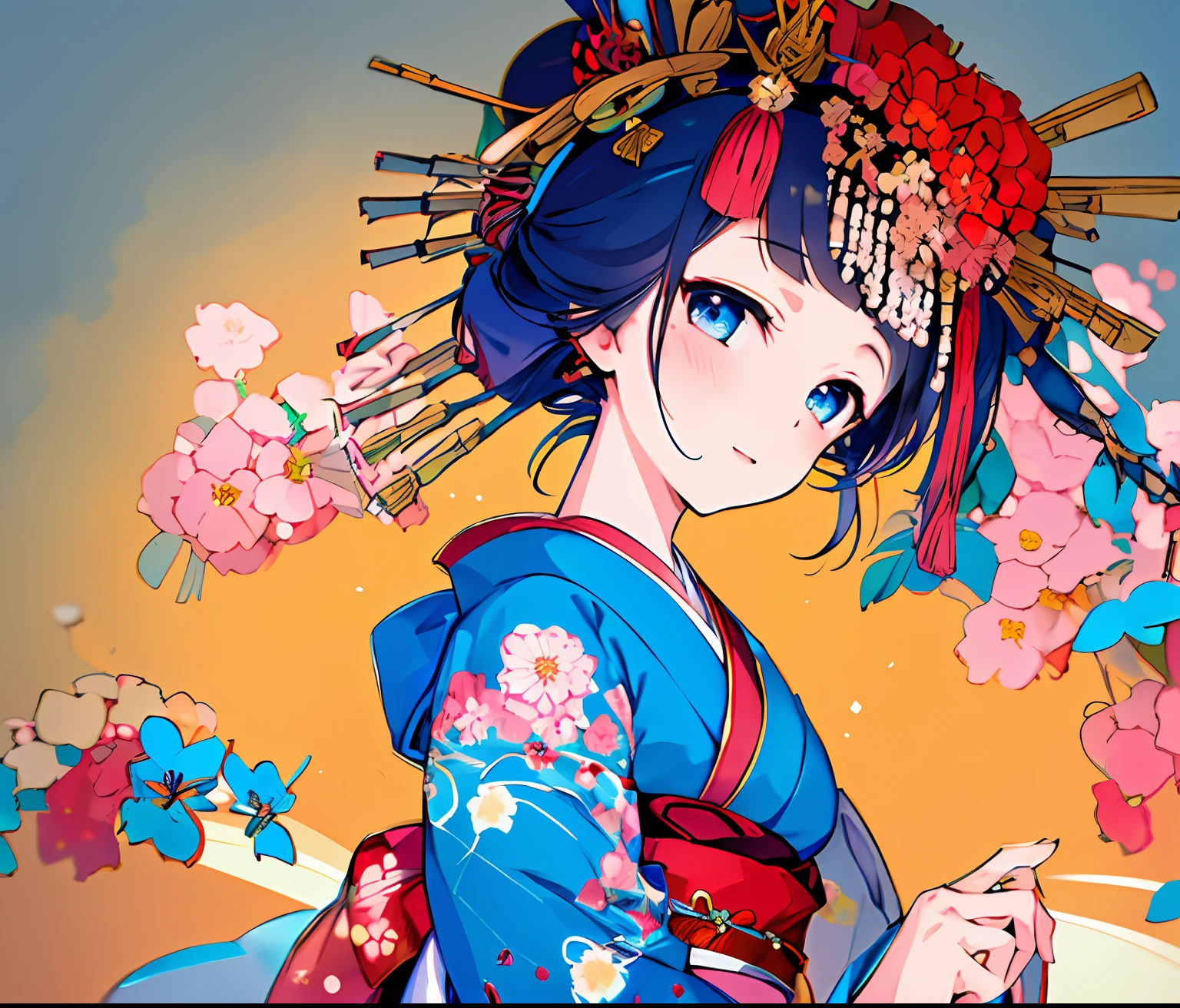 Girl wearing blue kimono annd blue japanese headpieces{{{{masterpiece}}}}, {{{hyper detailed}}}, {{{highres}}}, {{good anatomy}}, (((best quality))), ((an extremely delicate and beautiful)), {{an extremely detailed and delicate}}, {8k cg wallpaper}, {{illustration}},  flowers, (chromatic aberration:1.2), upper body,  little girl , (1girl:1), solo, oiran, (japanese clothes:1.2), , medium breasts, hiten1,