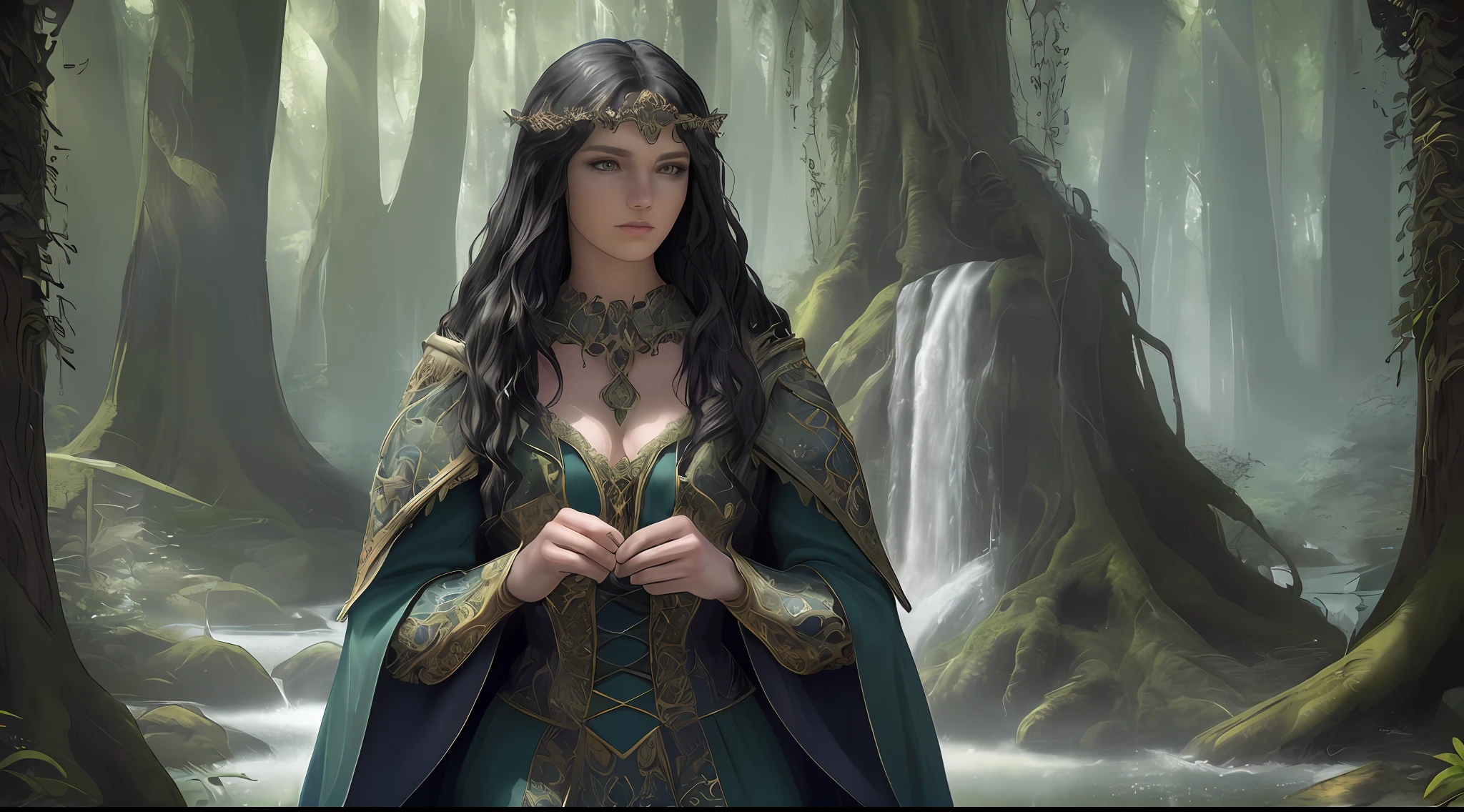 high details, best quality, 8k, [ultra detailed], masterpiece, best quality, (extremely detailed), dynamic angle, ultra wide shot, photorealistic, fantasy art, dnd art, rpg art, realistic art, an ultra wide picture of druid grove in a fantasy forest and its druid observing all, a fantasy forest (intricate details, Masterpiece, best quality: 1.5), many trees, a stream of water (intricate details, Masterpiece, best quality: 1.5), waterfall (intricate details, Masterpiece, best quality: 1.5), human female druid, full body (intricate details, Masterpiece, best quality: 1.5), exquisite beautiful woman druid (intricate details, Masterpiece, best quality: 1.5), ultra detailed face (intricate details, Masterpiece, best quality: 1.6), black hair, long hair, wavy hair (intricate details, Masterpiece, best quality: 1.5), dynamic eyes color, fair skin, wearing blue cloak (intense details, Masterpiece, best quality: 1.5), green robe (intricate details, Masterpiece, best quality: 1.5), cinematic light, pastoral atmosphere, divine light (intricate details, Masterpiece, best quality: 1.5), gods rays,