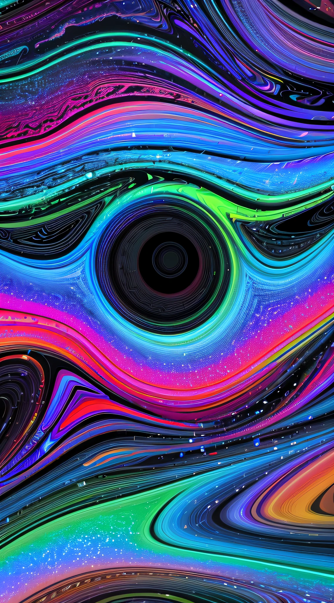 Close up of colorful abstract painting on black background, Digital painting by Daniel Jodoviki, pexels, generative art, Rainbow digital art, Iridescent glossy spots, iridescent texture, with rainbow colored background, Irridescent color, opalescent night background, Rainbow fractal, Vibrant digital art, psychedelic digital art
