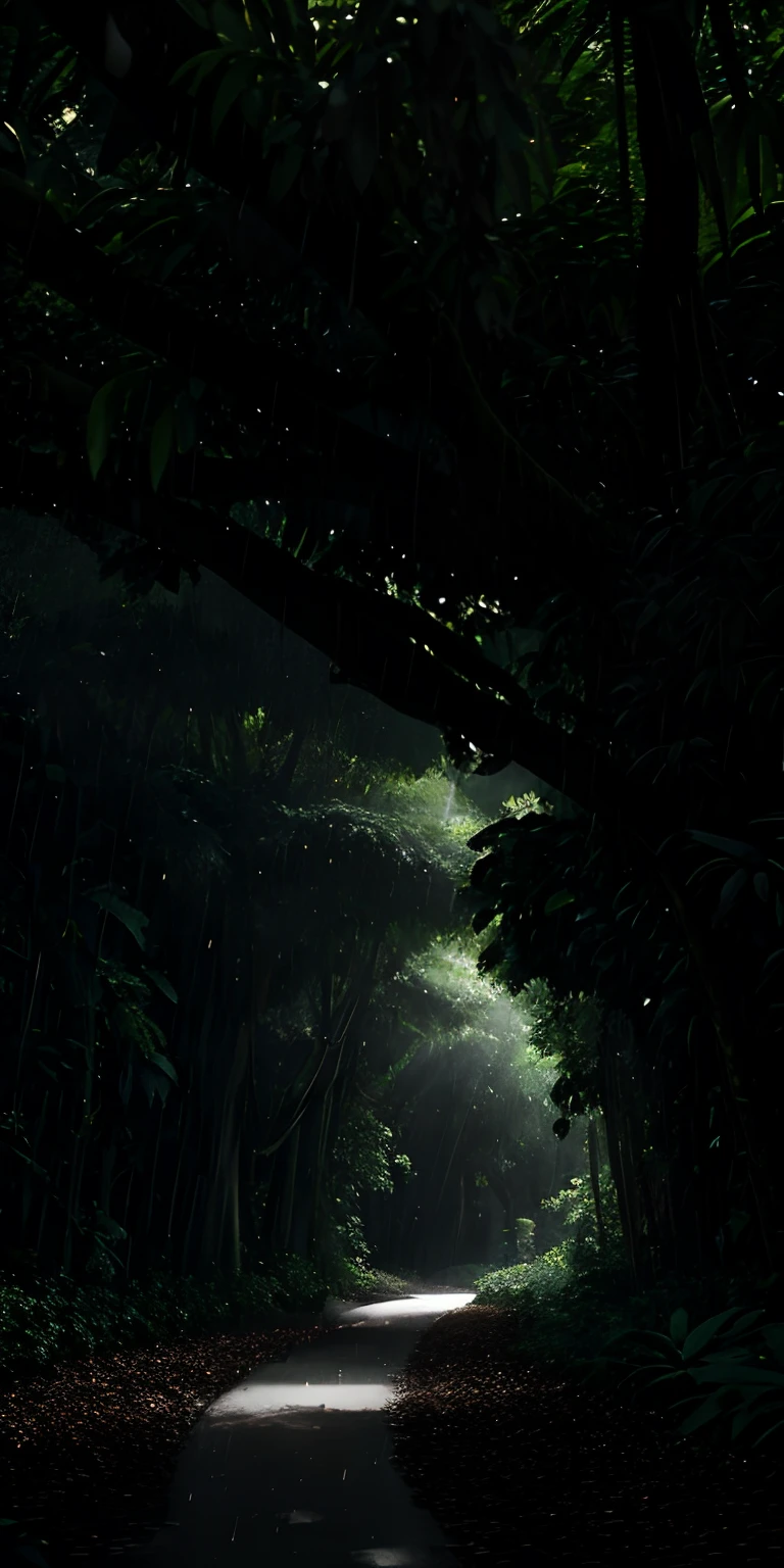 A jungle, with intense rainfall, monochromatic, vines all around, giant and wet trees, masterpiece, best quality, high quality, extremely detailed CG unity 8k wallpaper, oil paiting, award winning photography, Bokeh, Depth of Field, HDR, bloom, Chromatic Aberration ,Photorealistic,extremely detailed, trending on artstation, trending on CGsociety, Intricate, High Detail, dramatic, art by midjourney, volumetric lighting tree Bird