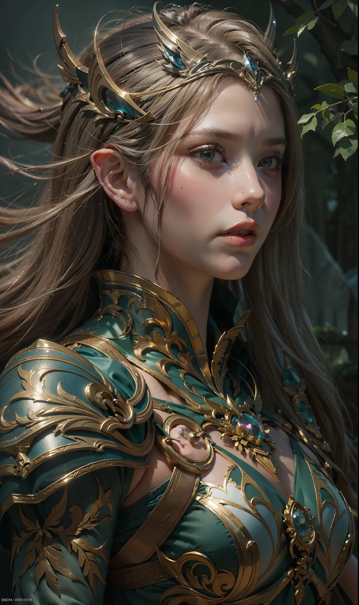 Beautiful painting of perfect female elf warrior, shapeless long hair, perfect features, (wearing extremely baroque ornate elven armor), abstract beauty, near perfection, pure form, dynamic pose, ethereal background, (deep dark shadows), (strong cinematic lighting), (back lighting), concept art by Greg Rutkowski and John William Waterhouse and Alphonse Mucha, intricate detail, 8k post-production, High resolution, super Detail, trending on ArtStation, sharp focus, depth of field f/1.8, studio photos, (((looking at camera))).