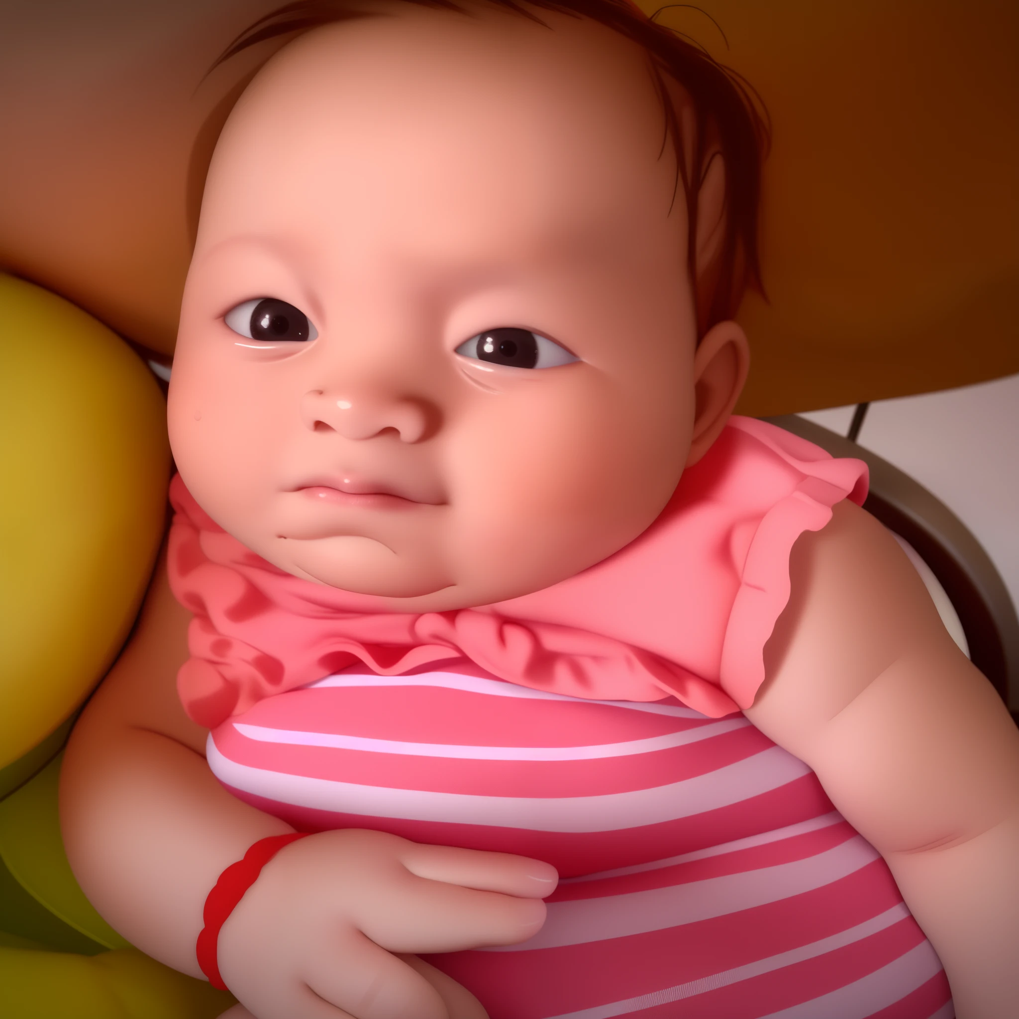 There is a baby who is sitting in a chair with a banana, bochechas rosadas, closeup of an adorable, com olhos bonitos, babies in her lap, bochechas rosadas, intense expression, cara bonito, ela tem um rosto expressivo bonito, lindo bonito, foto de retrato em close-up, ela tem um rosto bonito, marvelous expression, Rosto inocente, close - foto retrato acima
