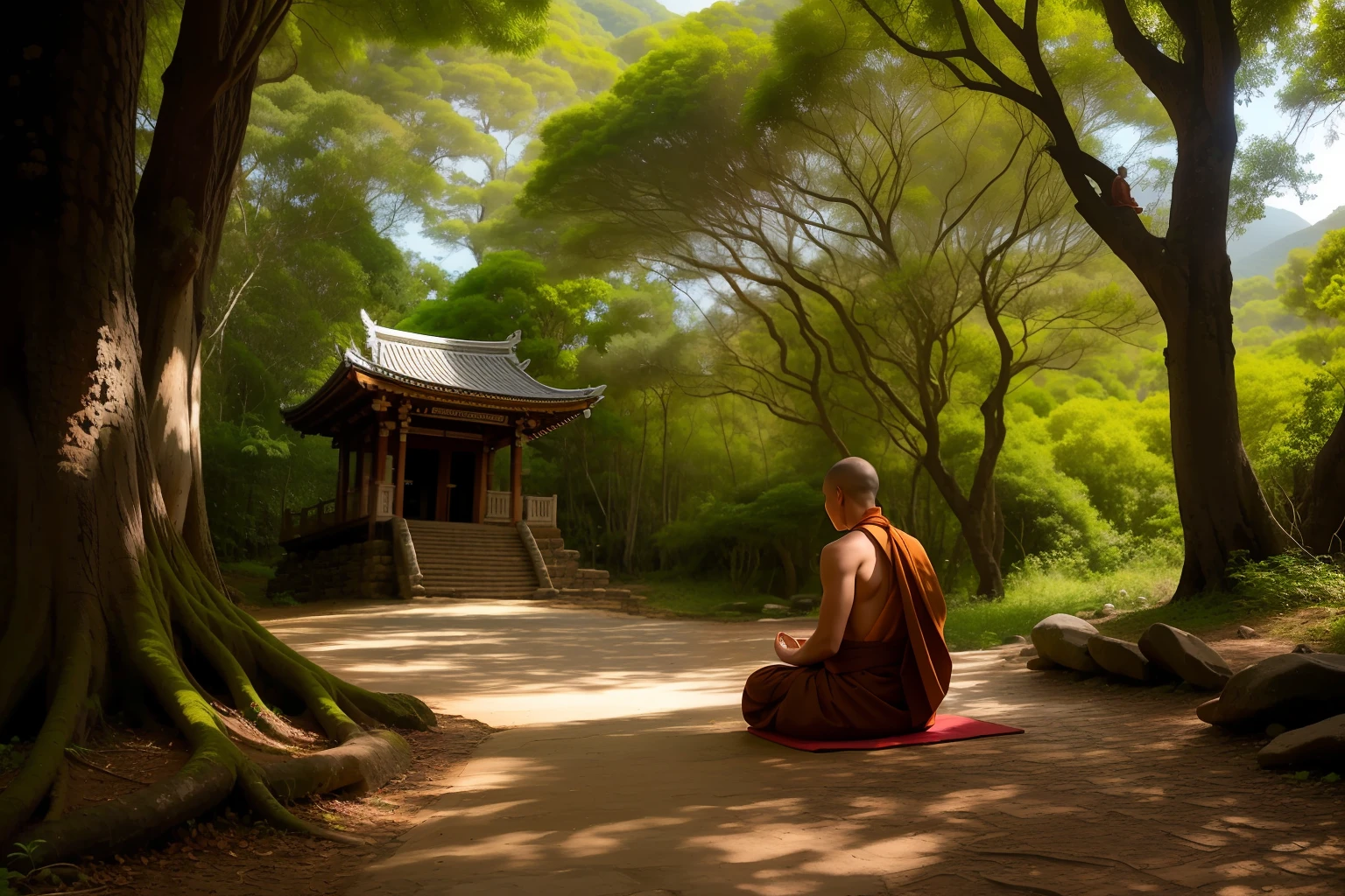 a monk is meditating, near a temple, no meio das montanhas, riacho passando ao lado do templo, muitas arvores, fotorrealismo, qualidade de obra prima.