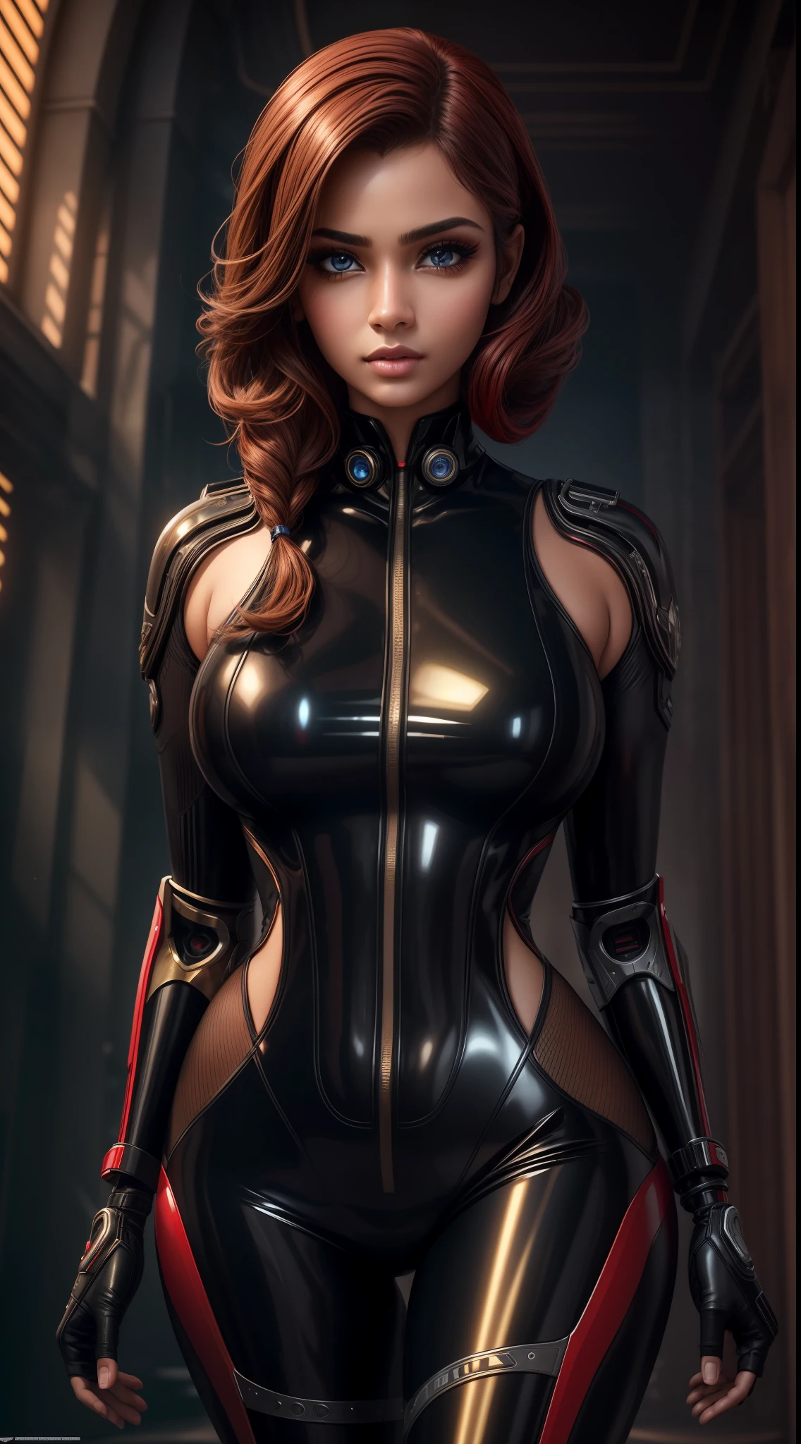solo, super fine photo, portrait Unreal Engine 5 8K UHD of a couple, red and black color scheme tight cybernetic latex catsuit, 25 years old Indian girl, beautiful face, big breasts, curvy, very beautiful face, random hairstyles, feminine curves, cybernetic glove, futuristic design, super lighting, beautiful make up, luxurious, best quality, masterpiece, official art, unified 8k wallpaper, super detailed, beautiful face eyes nose lips, sharp focus, dynamic pose, beautiful body, high res, full body photo