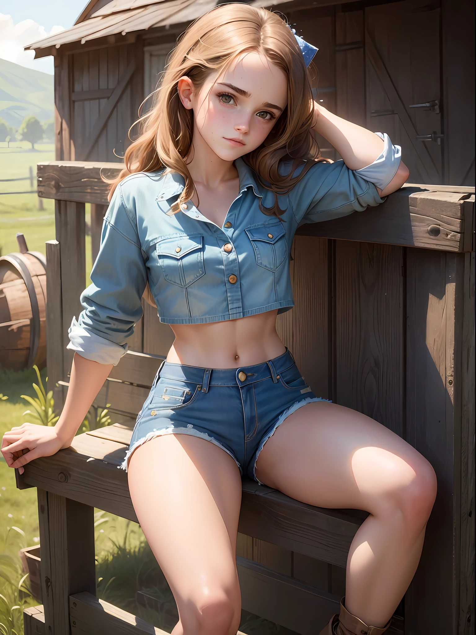 masterpiece. highly detailed. A beautiful Teen Emma Watson as a cowgirl posing in a tight denim shorts, crop top. freckles. pìgtail. She is sitting on a fence outside a barn. sparkly hair. shiny skin.