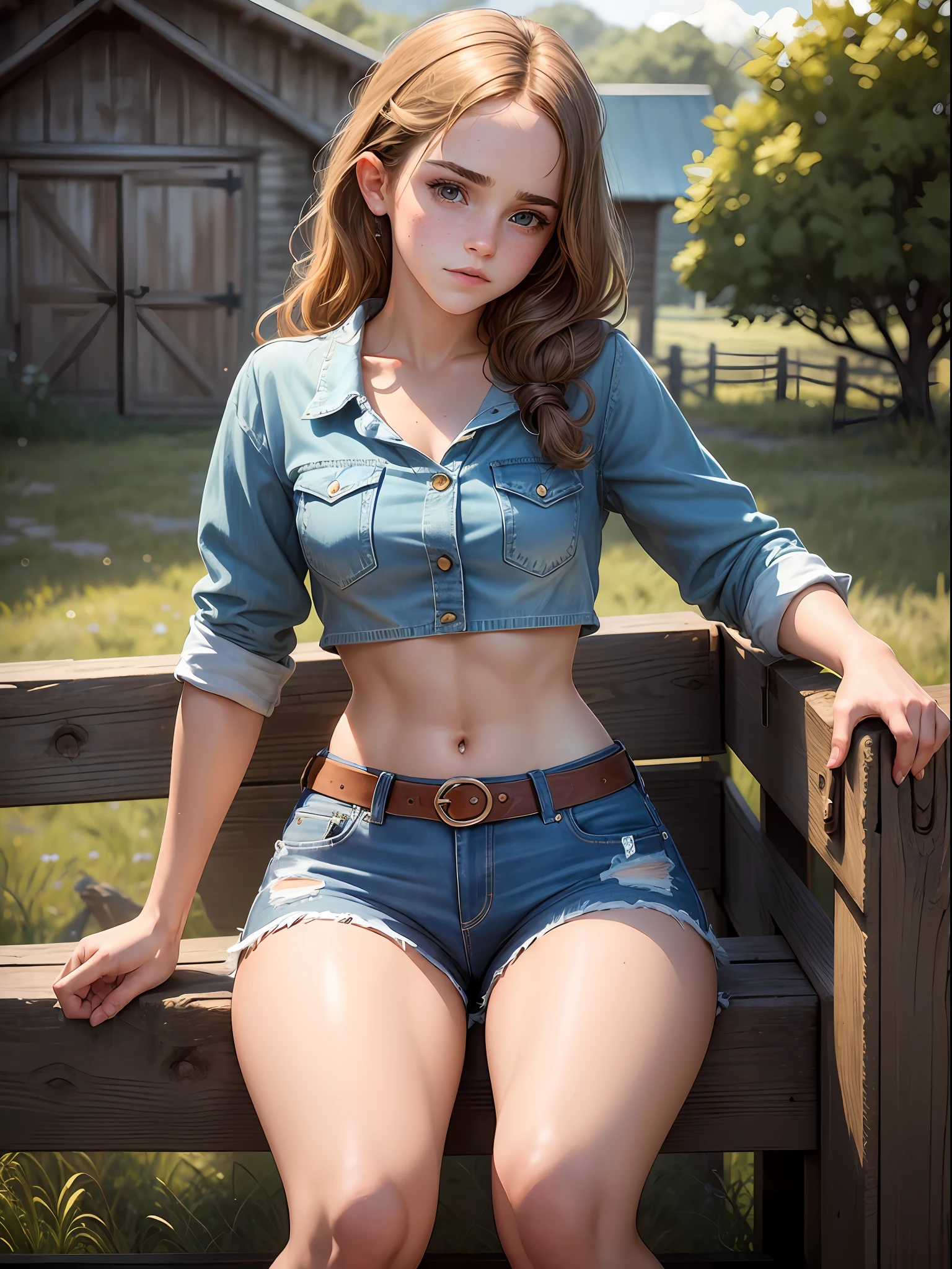 masterpiece. highly detailed. A beautiful Teen Emma Watson as a cowgirl posing in a tight denim shorts, crop top. freckles. pìgtail. She is sitting on a fence outside a barn. sparkly hair. shiny skin.