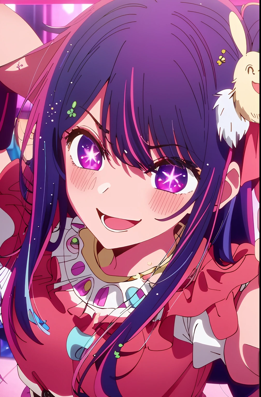 masterpiece、ighly detailed、(1 girl in:1.2)、purple color hair、pink dress、big eye、a closeup、A smile、8K 、Ai Hoshino、Live performance venue