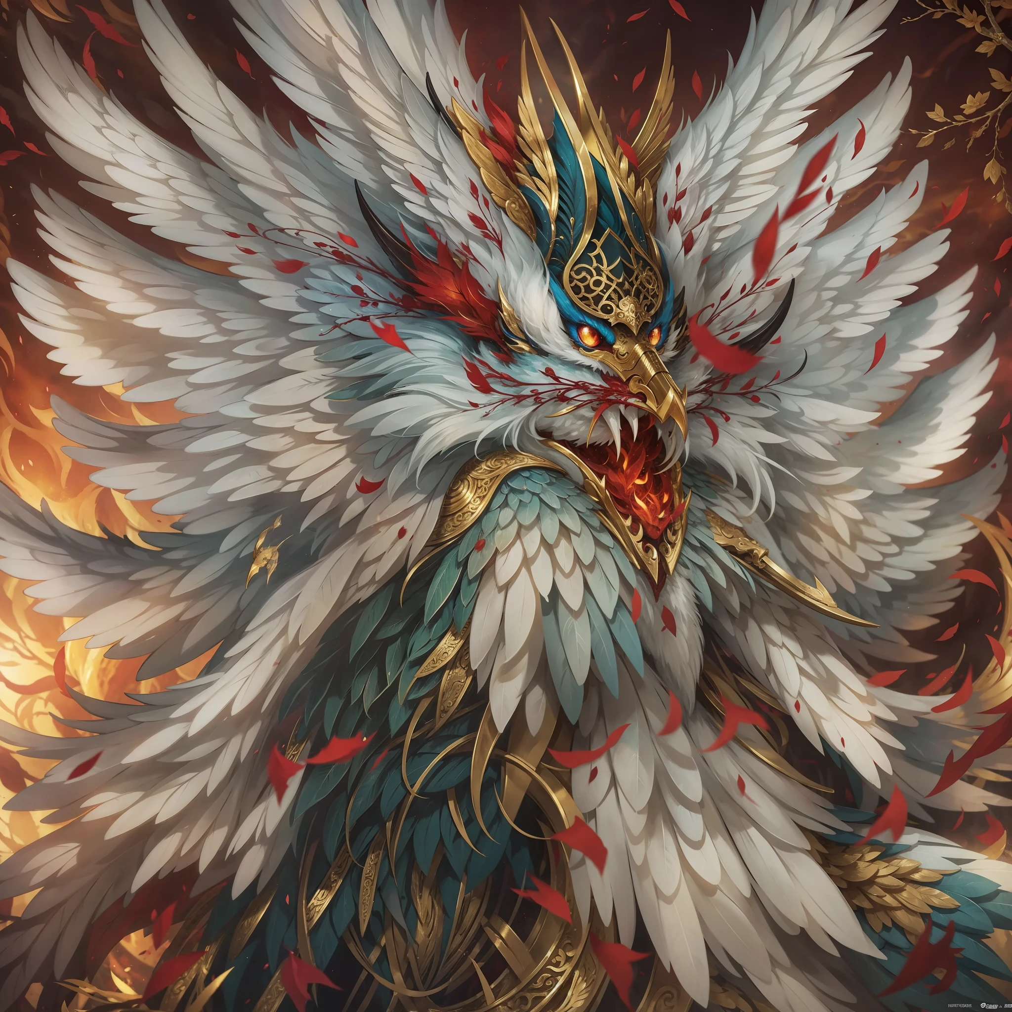 Chinese mythology and stories，Journey，Golden-winged Roc，closeup cleavage，See the throat，Open your mouth，tosen，Fierce eyes，Blood，A mouth full of blood，Dripping blood，Puffing，massive wings，Thick feathers，feater，Super close，Sharp focus，best qualtiy，8K分辨率，tmasterpiece，Works of masters，