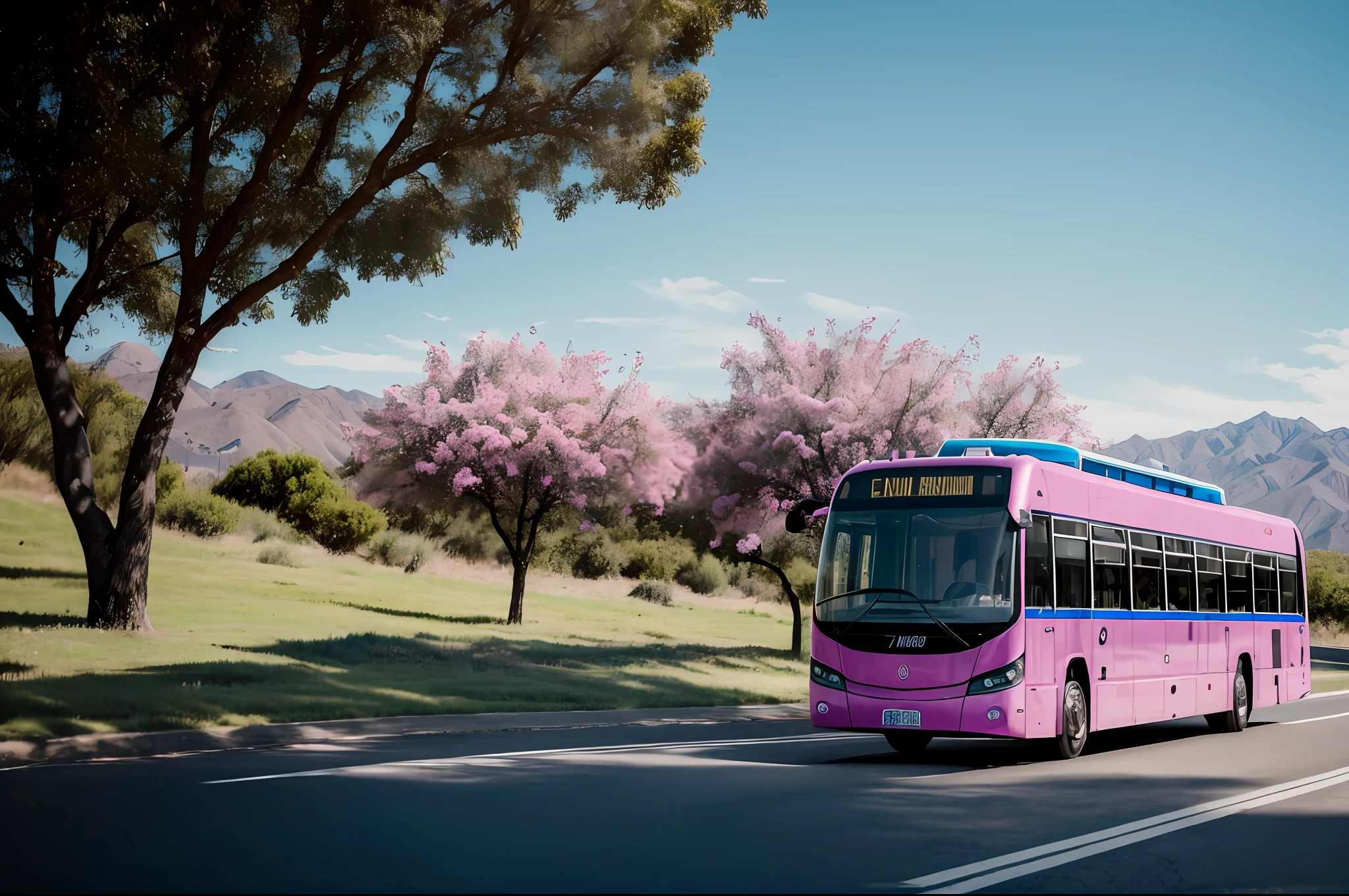 foto profesional de "un autobus azul viajando hacia el oeste",(reflejos rosados en el parabrisas),(el color rosa se refleja en su metal),escenario en una carretera nacional,imagen muy detallada,texturas detalladas,gran angular,8K,professional photo shoot, foto de alta calidad, foto realista, sombras realistas, sombras detalladas, proporciones realistas, photographed with a Canon MarkIII camera,foto sin procesar, Physical representation, colores vibrantes, imagen premiada