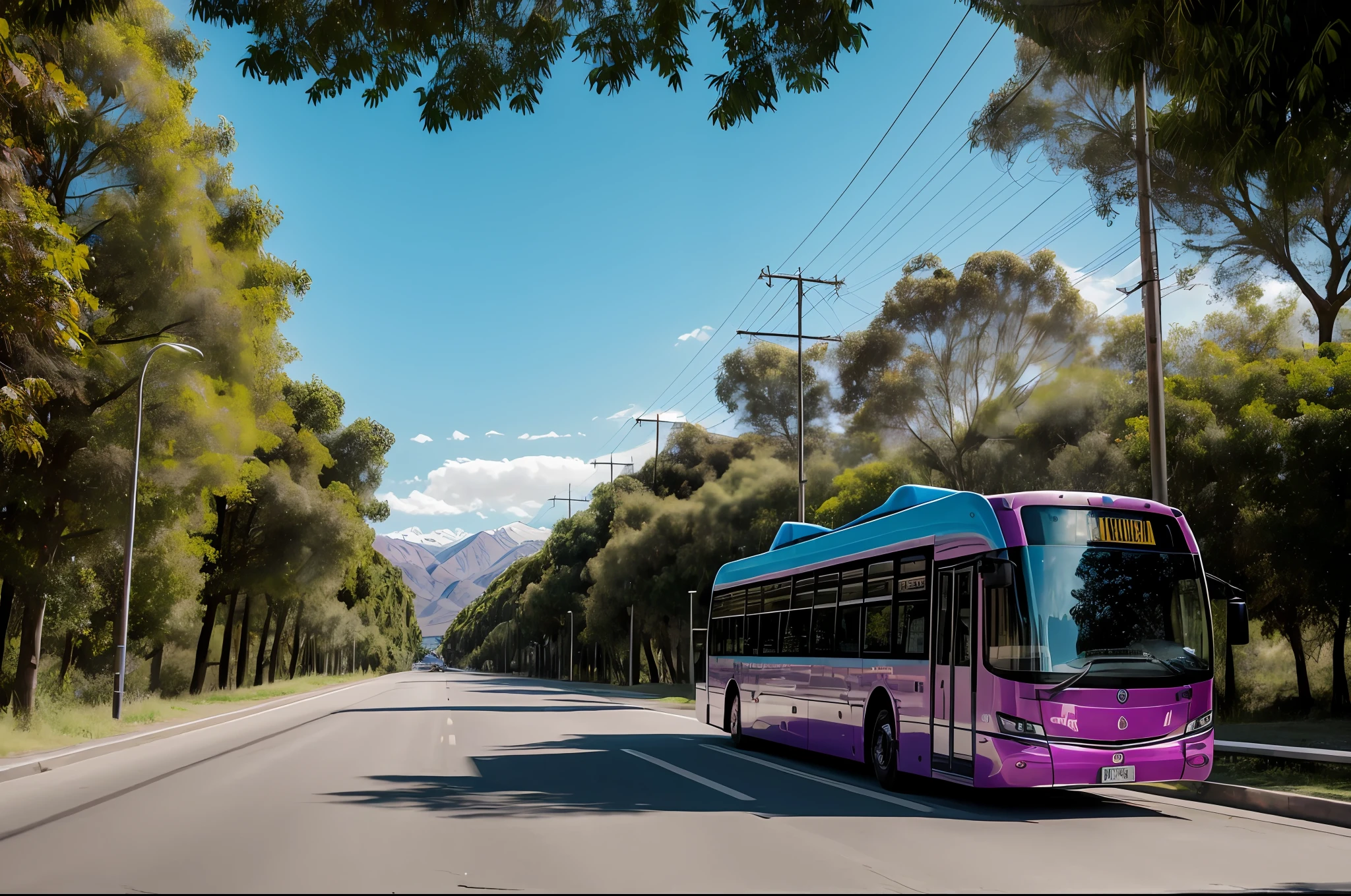 foto profesional de "un autobus azul viajando hacia el oeste",(reflejos rosados en el parabrisas),(el color rosa se refleja en su metal),escenario en una carretera nacional,imagen muy detallada,texturas detalladas,gran angular,8K,professional photo shoot, foto de alta calidad, foto realista, sombras realistas, sombras detalladas, proporciones realistas, photographed with a Canon MarkIII camera,foto sin procesar, Physical representation, colores vibrantes, imagen premiada