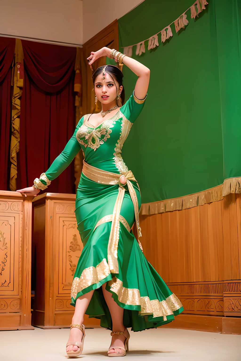 a woman is posing for a photo,(wearing indian_dance_dress:1.3), green dress, 
good hand,4k, high-res, masterpiece, best quality, head:1.3,((Hasselblad photography)), finely detailed skin, sharp focus, (cinematic lighting), collarbone, night, soft lighting, dynamic angle, [:(detailed face:1.2):0.2],(((exhibition inside theater))),