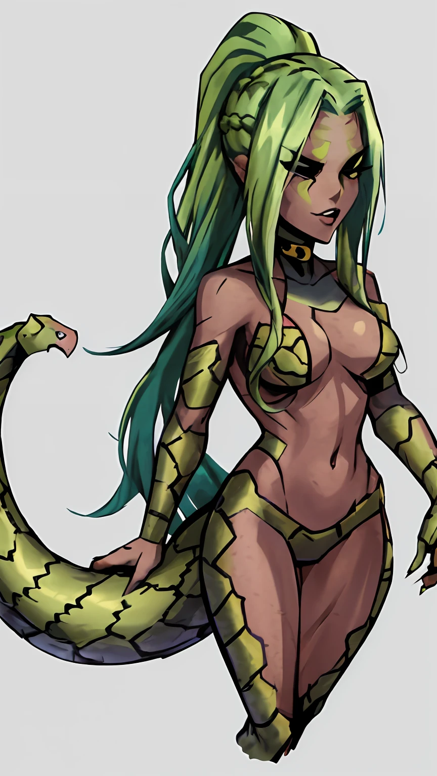 a close up of a cartoon of a woman with a snake, snake woman hybrid, her many snakes as hair, snake human hybrid, snake woman, anime character; full body art, hot reptile humanoid woman, with snakes for hair, interesting character design, insect trainer girl, anime woman fullbody art, female medusa long hair, style league of legends