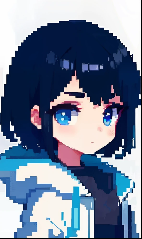 Top works，highest  quality，pix，pixelart，one-girl，Short black hair, 17 years old ，Face upper body，blue color eyes，White hooded jacket，short  skirt