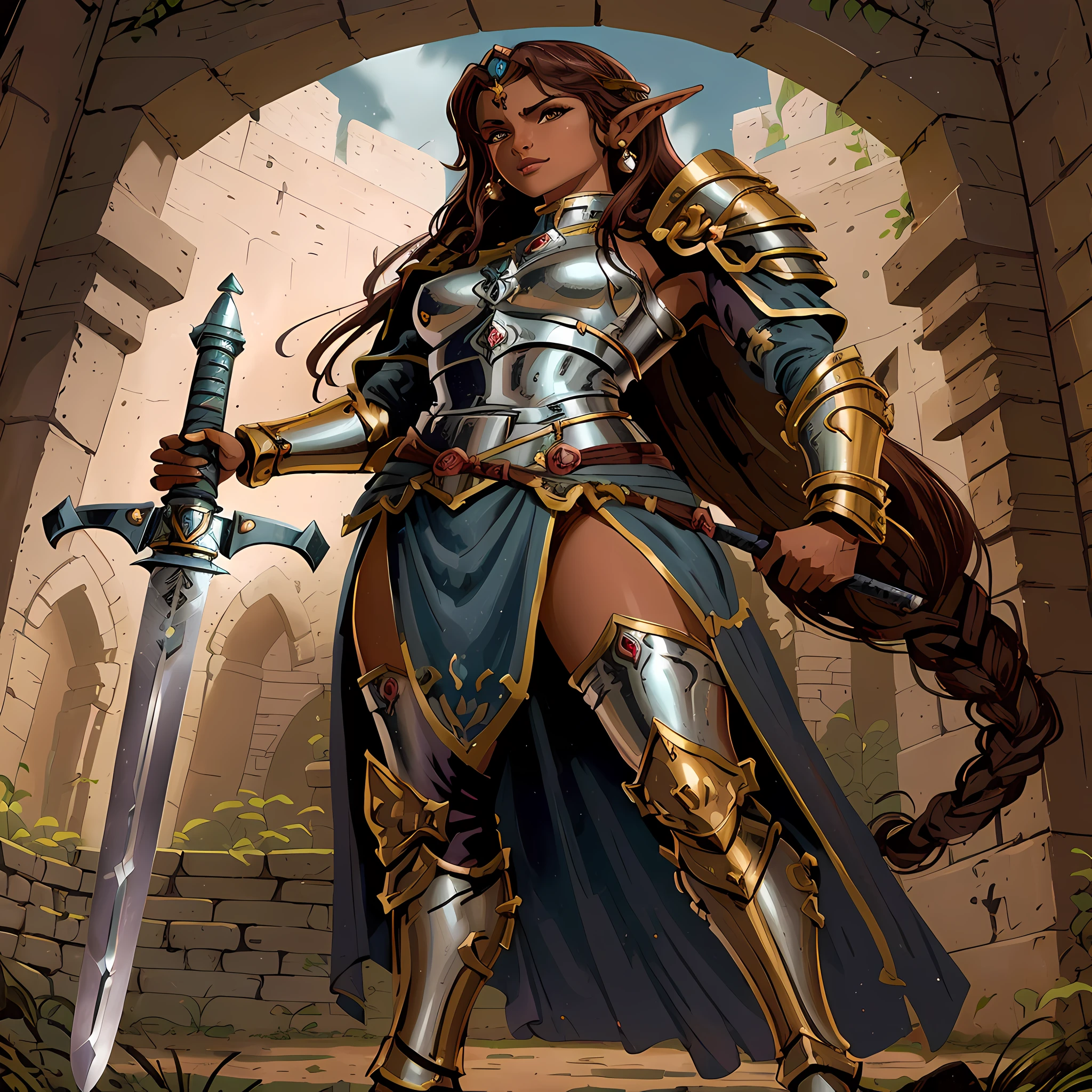 Dark brown skinned goblin in armor holding a sword in a courtyard, Retrato do Paladino Feminino, fantasia paladin mulher, gorgeous female paladin, female paladin, picture of female paladin, retrato cavaleiro feminino, cavaleiro feminino, cavaleiro elfa feminino bonito, de uma bela cavaleiro musculosa feminina, mulher com orelhas de elfo, estilo de desenho de dnd, Very large sword stuck in the ground. Armadura de metal pesado vermelho em todo o corpo.
