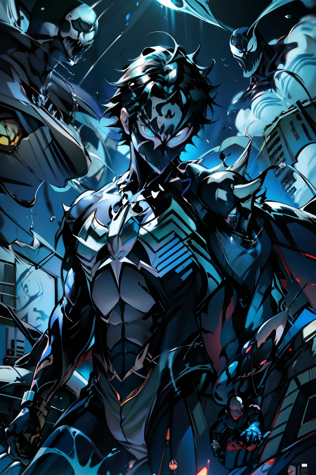《the original god》Arataki Kazuto , male people, chest muscle, Sexy , Venom symbiote for your body, Black mucus of the body , into venom, venomize,Black bodysuit,(Cloak),Red cape,Abs,(Adult male)((Venom possession,venom symbiote)),over-Tortoise Man,Battle damage,((Masterpiece)), ((Best quality)), Ultra detailed,((illustration)), Dynamic Angle, Detailed light, (Delicate eyes), Floating, 1boy, Male focus, Head, Clothing, Yellow eyes, necklace, tattoo, (Forehead:0.8), (ahoge:0.8), jewelry, brunette color hair,apathy,Ray, chest muscle, Sexy , Venom symbiote for your body, Black mucus of the body , (into venom), Venom,frontage,Bust photo,White tight-fitting top,spiderman outfit,style of anime4 K, 4K anime wallpaper, Badass anime 8 K, 4 k comic wallpaper, young anime man, Anime boys, Anime wallpapers 4 k, Anime wallpaper 4K, High quality anime art style, Anime moe art style, Anime art wallpaper 8 K, Anime art wallpaper 4 K, RGB lighting,