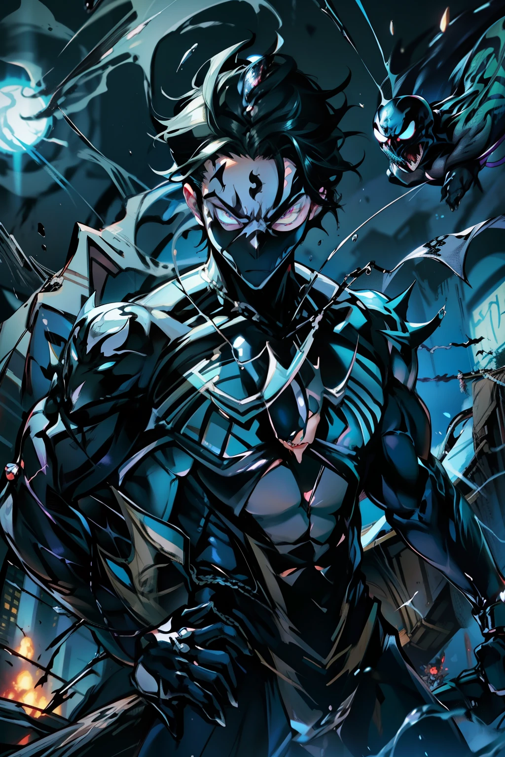 《the original god》Arataki Kazuto , male people， chest muscle， Sexy , Venom symbiote for your body, Black mucus of the body , into venom, venomize，Black bodysuit，（Cloak），Red cape，Abs，（Adult male）（（Venom possession，venom symbiote）），over-Tortoise Man，Battle damage，((Masterpiece)), ((Best quality)), Ultra detailed,((illustration)), Dynamic Angle, Detailed light, (Delicate eyes), Floating, 1boy, Male focus, Head, Clothing, Yellow eyes, necklace, tattoo, (Forehead:0.8), (ahoge:0.8), jewelry, brunette color hair,apathy，Ray， chest muscle， Sexy , Venom symbiote for your body, Black mucus of the body , （into venom）, Venom，frontage，Bust photo，White tight-fitting top，spiderman outfit，style of anime4 K， 4K anime wallpaper， Badass anime 8 K， 4 k comic wallpaper， young anime man， Anime boys， Anime wallpapers 4 k， Anime wallpaper 4K， High quality anime art style， Anime moe art style， Anime art wallpaper 8 K， Anime art wallpaper 4 K， RGB lighting，