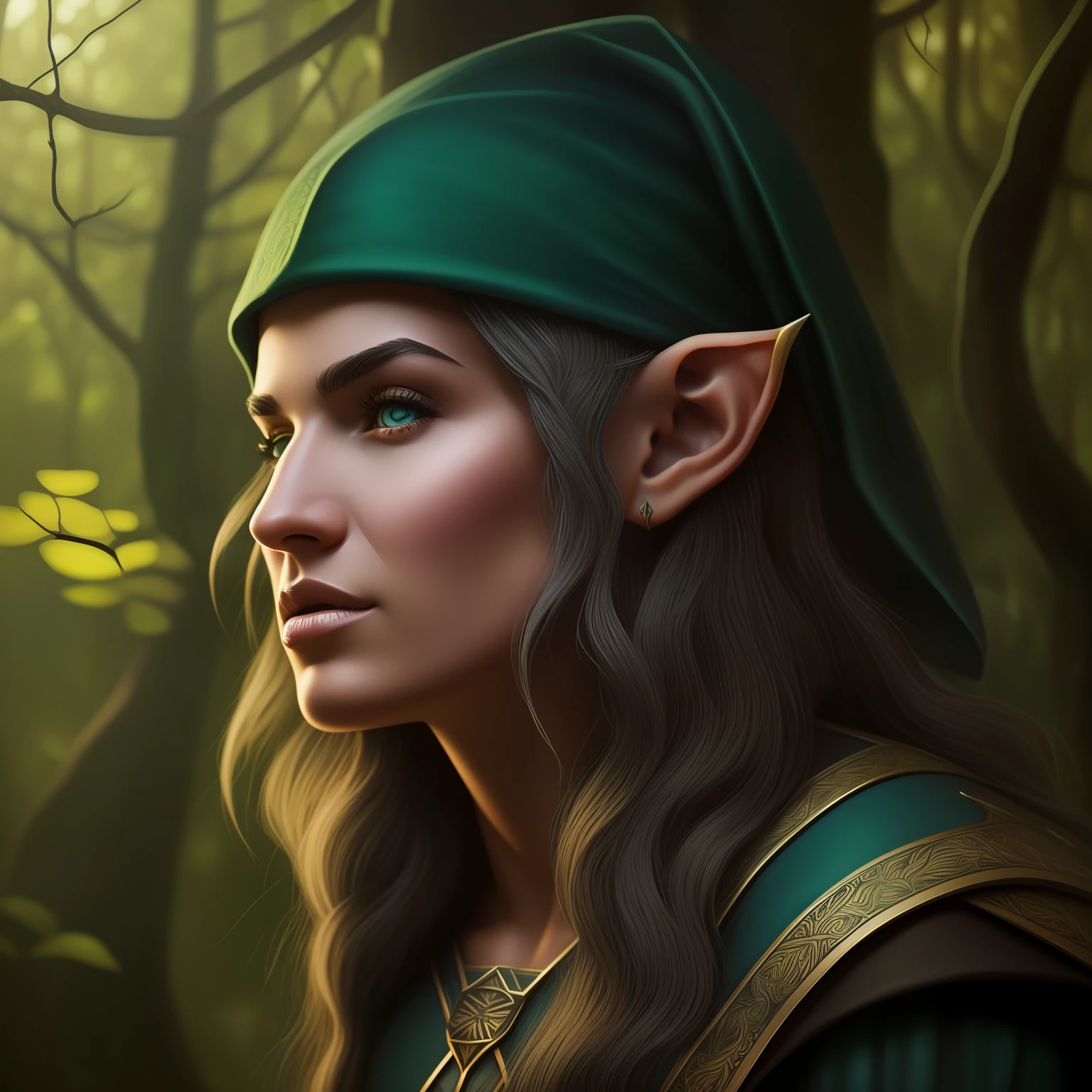 Illustration of an ultra-realistic wizard elf ,em outro mundo perto de uma floresta negra