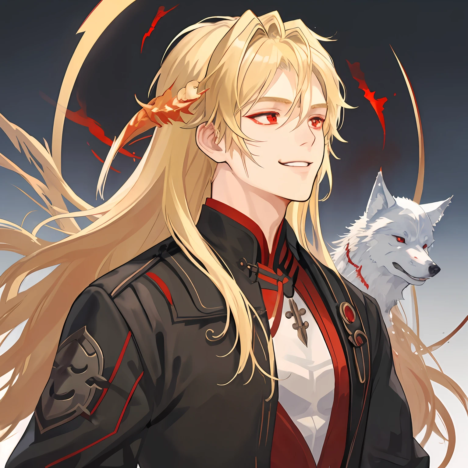 a blond、ember、Scars on the face、a smile、Black clothe、musculature、red eyes、belligerent、Wolf smoke