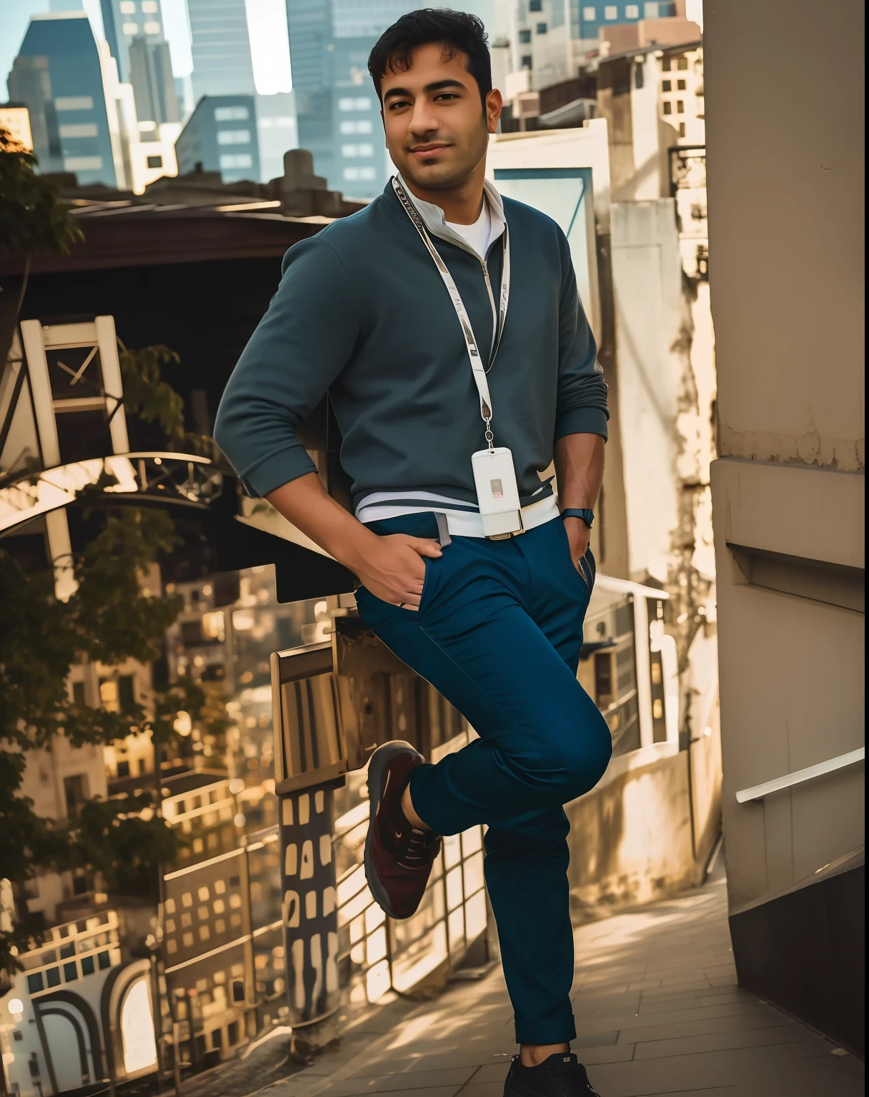 arafed man leaning against a wall with a cityscape background, full body photogenic shot, very very low quality picture, with a cool pose, full body picture, stylish pose, candid picture, full body photograph, in front of white back drop, very artistic pose, casual photography, !! low contrast!!, standing in a city center, in an urban setting