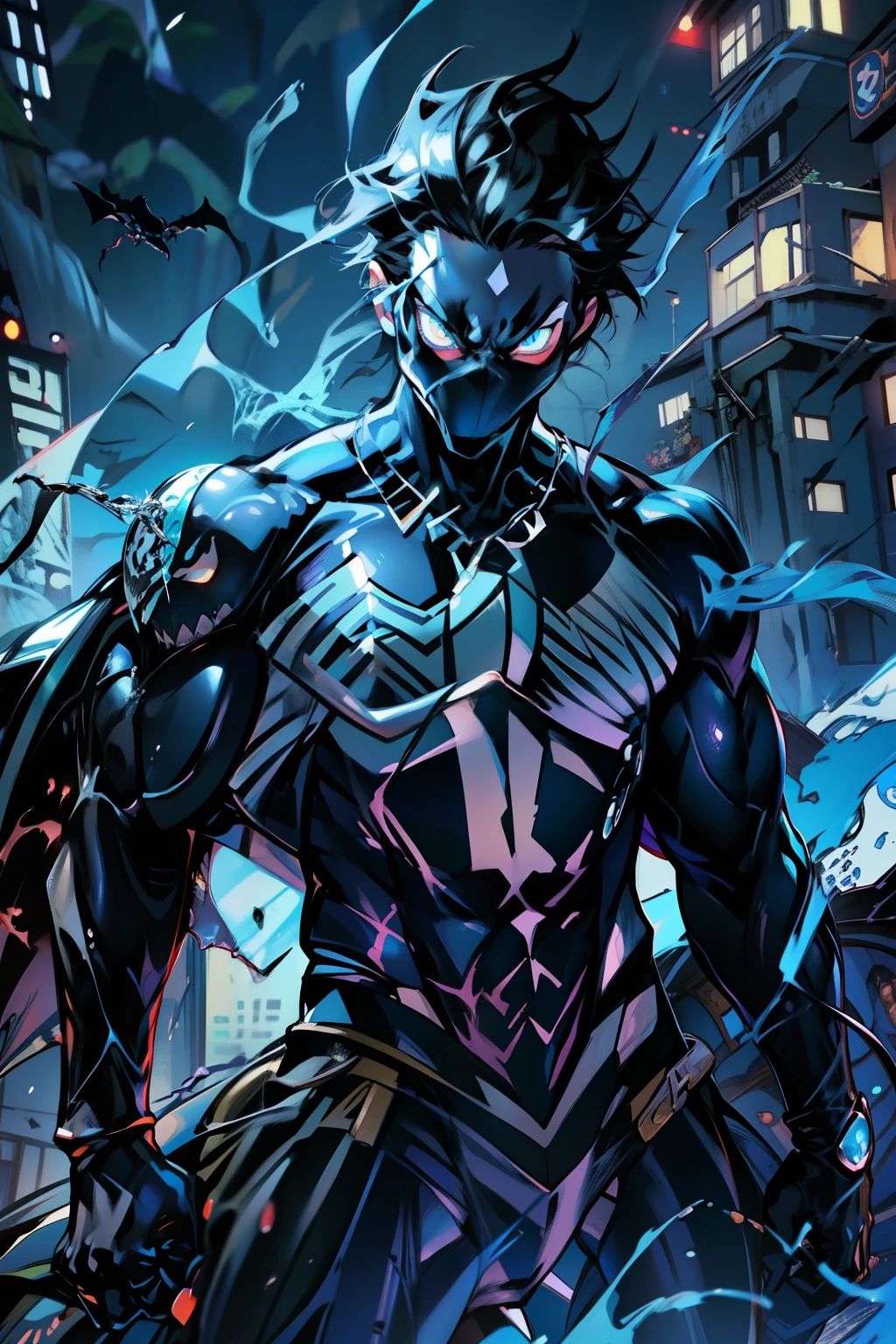 《the original god》Arataki Kazuto , male people， chest muscle， Sexy , Venom symbiote for your body, Black mucus of the body , into venom, venomize，Black bodysuit，（Cloak），Red cape，Abs，（Adult male）（（Venom possession，venom symbiote）），over-Tortoise Man，Battle damage，((Masterpiece)), ((Best quality)), Ultra detailed,((illustration)), Dynamic Angle, Detailed light, (Delicate eyes), Floating, 1boy, Male focus, Head, Clothing, Yellow eyes, necklace, tattoo, (Forehead:0.8), (ahoge:0.8), jewelry, brunette color hair,apathy，Ray， chest muscle， Sexy , Venom symbiote for your body, Black mucus of the body , （into venom）, Venom，frontage，Bust photo，White tight-fitting top，spiderman outfit，style of anime4 K， 4K anime wallpaper， Badass anime 8 K， 4 k comic wallpaper， young anime man， Anime boys， Anime wallpapers 4 k， Anime wallpaper 4K， High quality anime art style， Anime moe art style， Anime art wallpaper 8 K， Anime art wallpaper 4 K， RGB lighting，