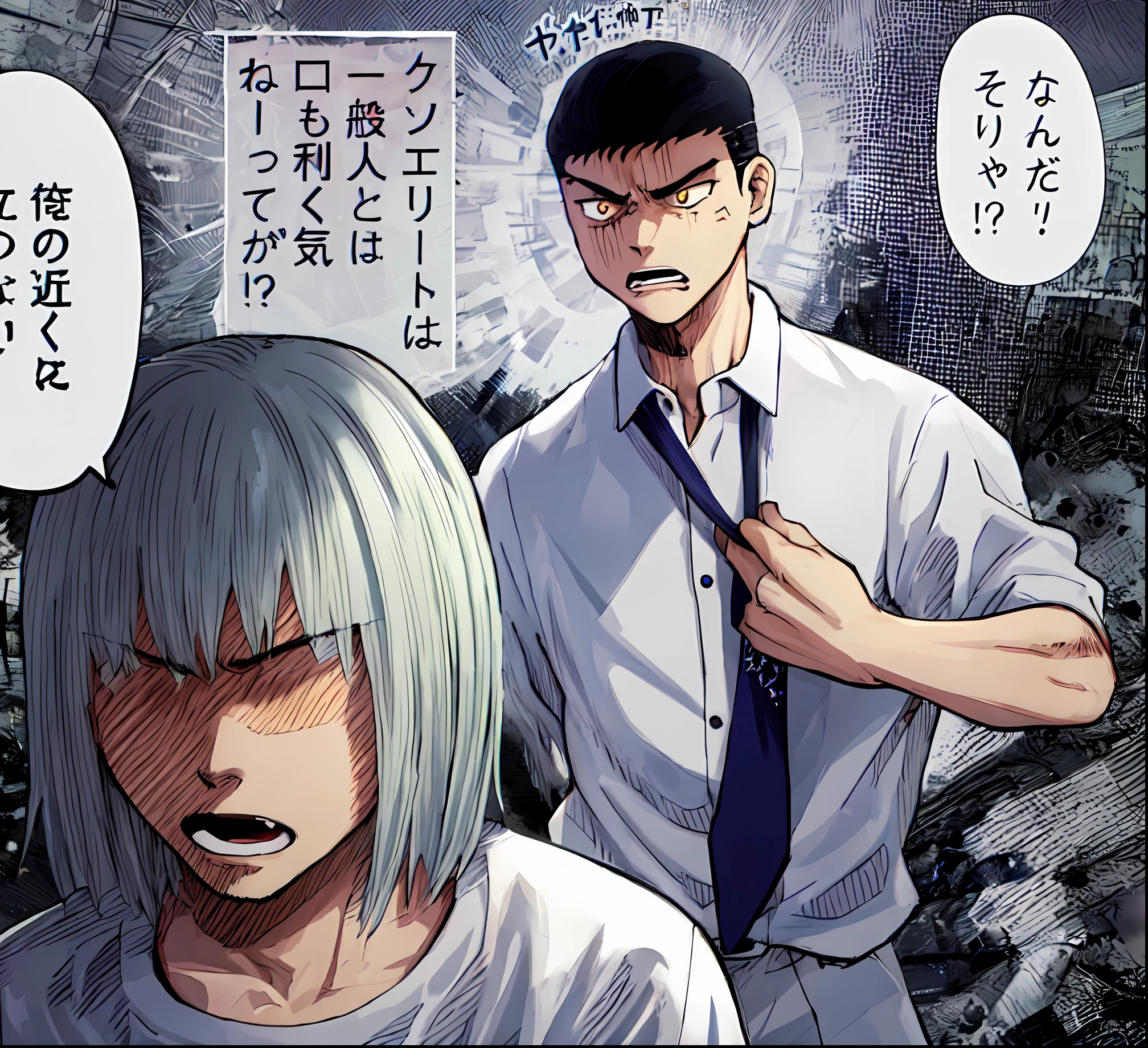 a anime of a boys manga, white shirt, angry, fight, tie, text manga, color manga, manga color, color manga, color manga panel, aura background