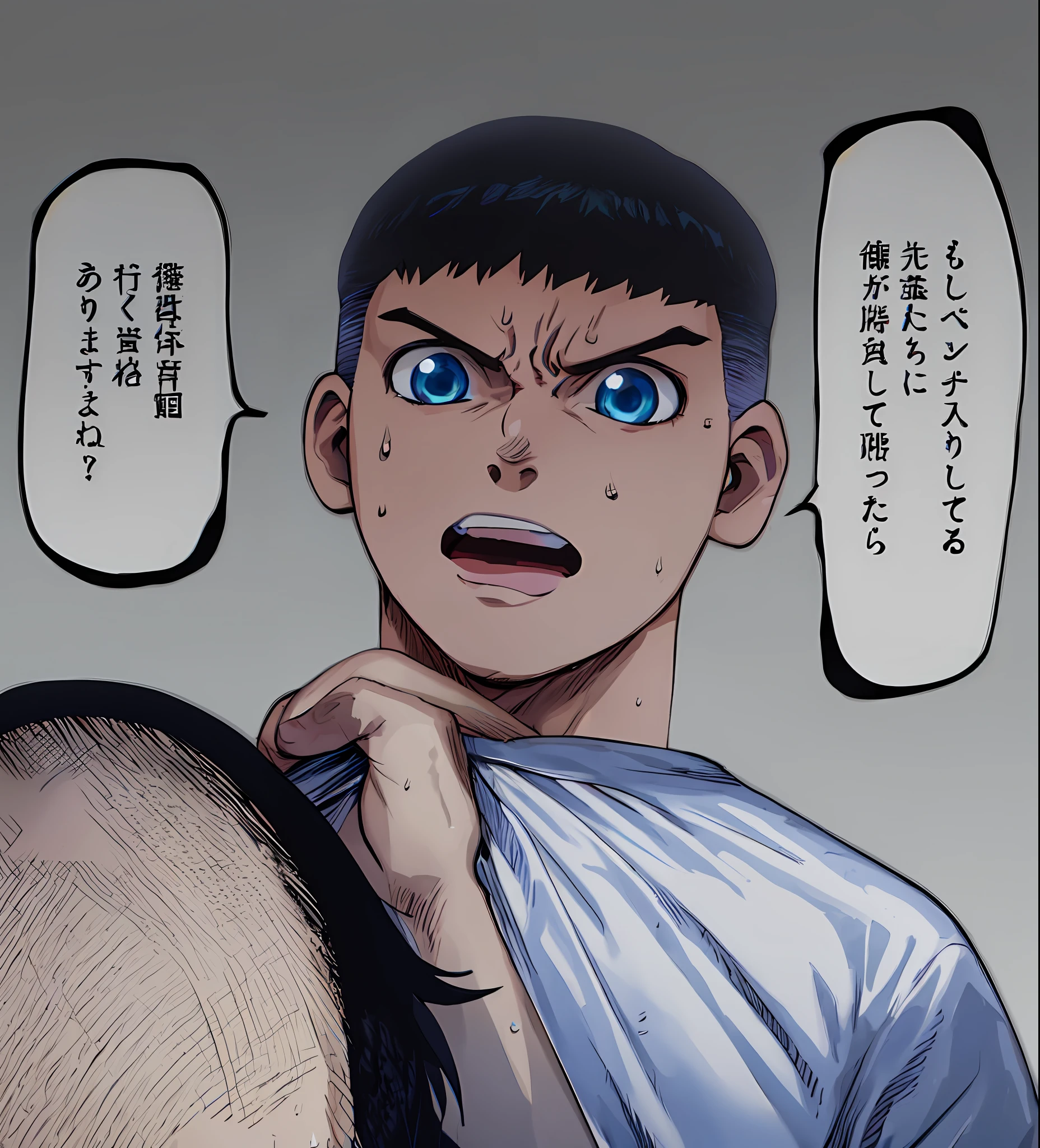 a anime of a boys manga, his shirt was pulled, Crew Cut hairstyle, black hair color, blue eyes, open mouth, sweat, fight, white shirt, text manga, color manga, manga color, color manga, color manga panel, simple background