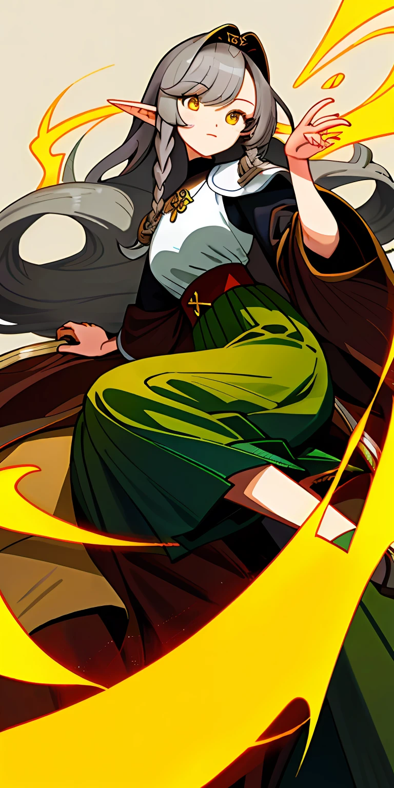 (tmasterpiece,best qualtiy)((masterpiece)),(((best quality))),(character design sheet,Same role,frontage,Lateral face,on back),illustration,1个Giant Breast Girl,charturnbetalora,(simplebackground,white backgrounid:1.3),Kizi,Western fantasy style,Nuns' skirts,long skirt,grey long hair,Bangs cover the right eye,Yellow eyes,Elf ears,Braided over the shoulder