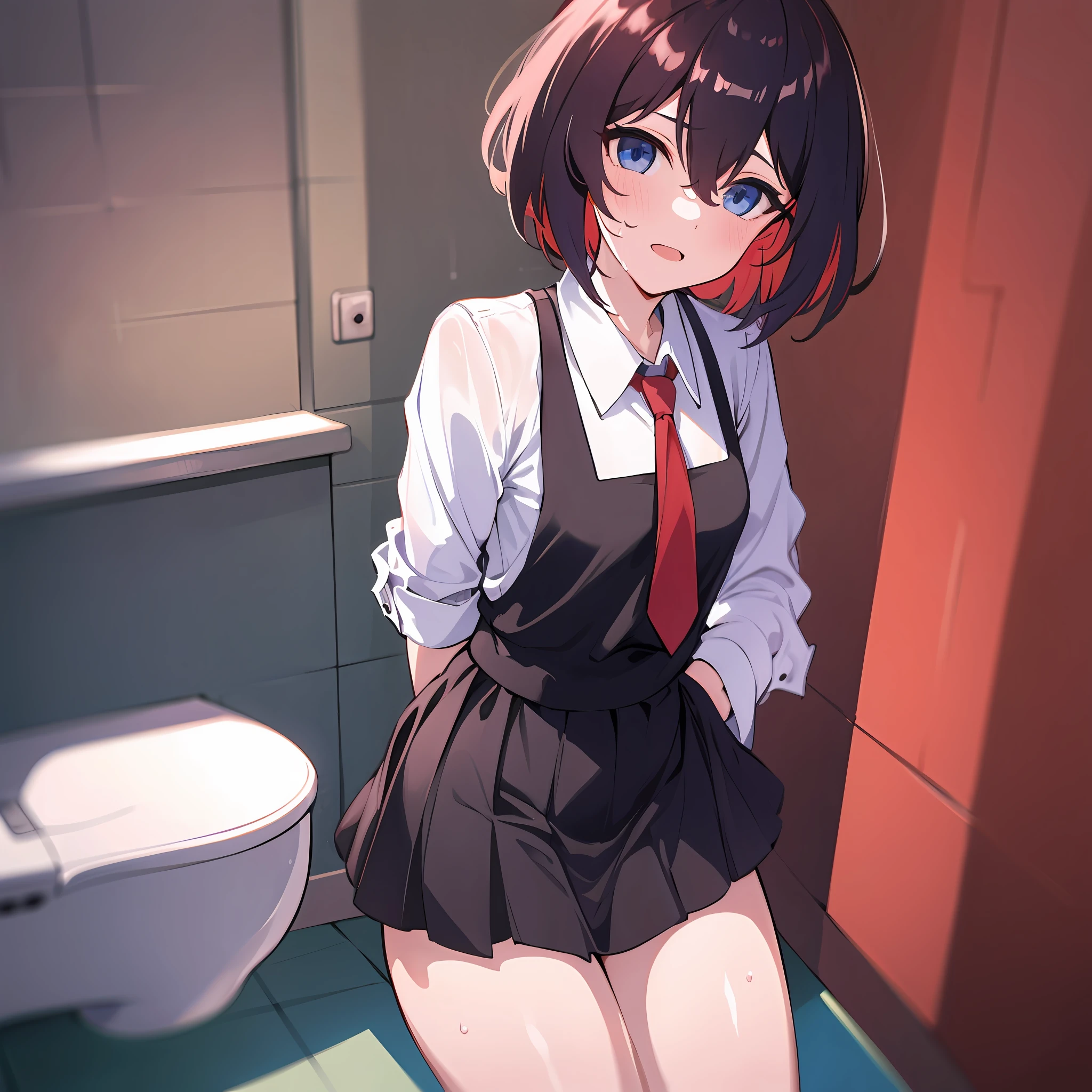 Masterpiece, Best Quality, Hi-Res, 1 Girl, Solo, Seele, Small, Short Hair, Bangs, blue Eyes, Hair Between Eyes, Long Sleeves, Tie, School Uniform, Mini Skirt, Juliet Sleeves, Thighs, White Shirt, Cowboy Shot, (Skirt Lift: 1.3), Indoors, Toilet, Urinal, Sweat, Wet, Look Viewer,Bright Red Panties, Blush