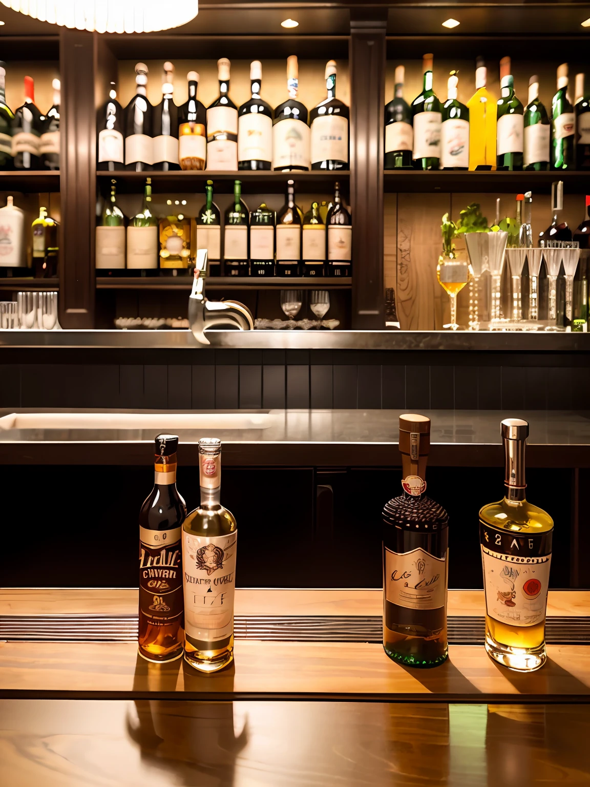 shelves of liquor bottles and glasses on a bar with a sink, bar in background, taken in the early 2020s, masterpiece work of art, a wide full shot, inside a bar, background bar, behind bar deck with bear mugs, cocktail bar, looking off to the side, looking left, very smoky cyberpunk paris bar, shot from far away