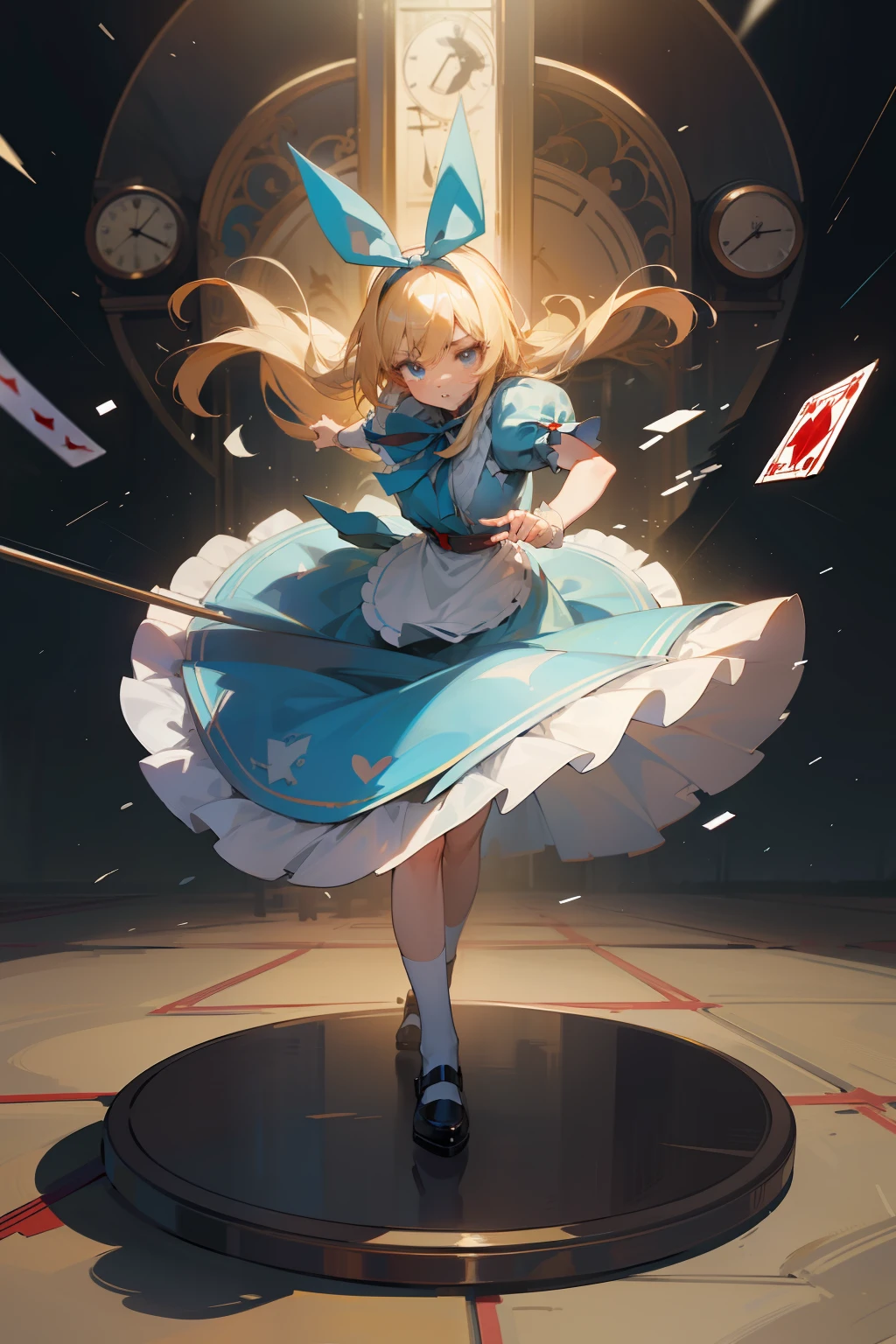 a girl, Clear face, semi long, blonde, blue eyes, radiant eyes, big eyes, big hair ribbon, blue dress with white apron, cute, beautiful, fantasy, light atmosphere, mystical atmosphere, in a bright and colorful world, anime, hard-edged, best quality, insanely detailed, exquisite, beautiful, Full-HD, 16K, highres, aiming at viewer, sunlight, dramatic lighting, best light, dynamic lighting, Dynamic Action Poses for Battle Scenes, Fighting stance, in the classic forest, Fluttering playing cards, Alice in the wonderland, 