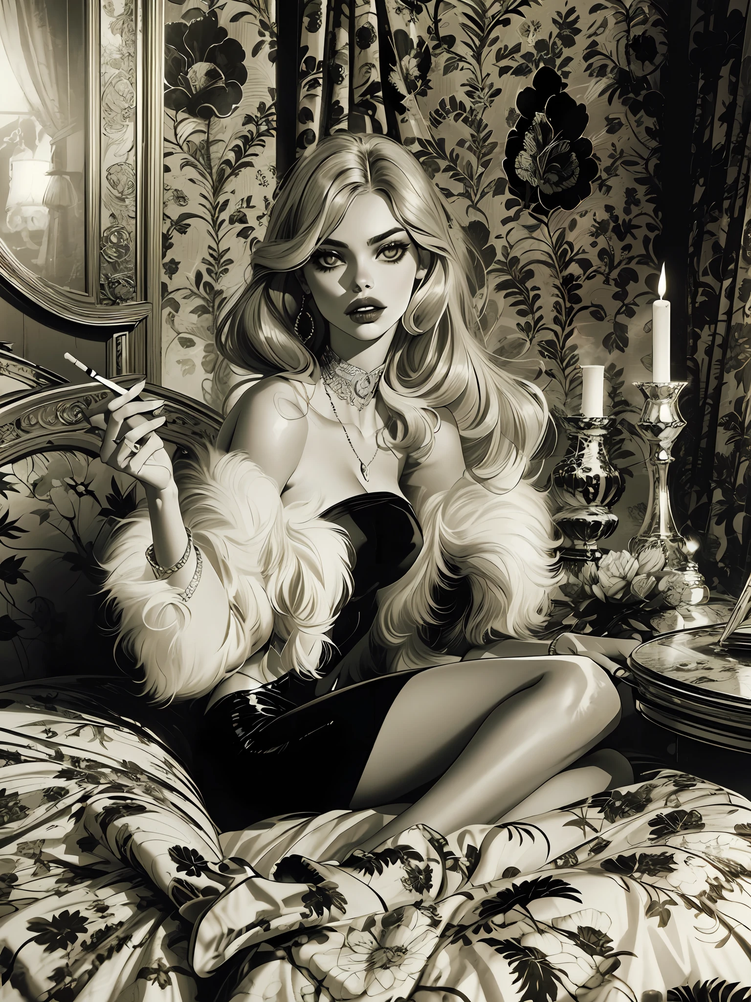 arafed woman sitting on a bed with a cigarette in her mouth, steven meisel photography, ellen von unwerth, steven meisel, samara weaving, lara stone, samara weaving vampire, gorgeous female samara weaving, brigitte bardot, inspired by Diane Arbus, 1950s vibes, cigarette, gothic girl smoking, 50s style