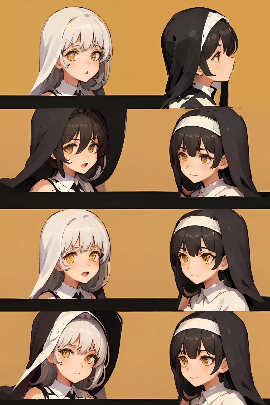 ((masterpiece)),(((best quality))),（character design sheet,Same role,frontage,Lateral face,on  back),illustration,1个Giant Breast Girl,character  design，greyt hair，Nun dress，Yellow eyes，simplebackground，white backgrounid