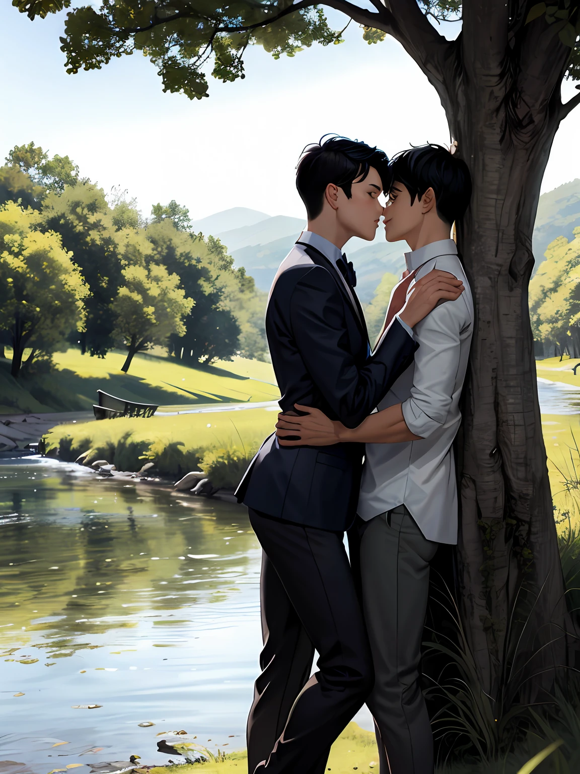 Gay boys kissing under a tree near a river.