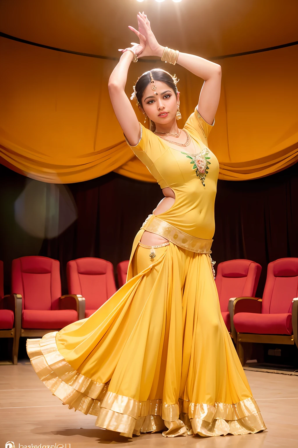 a woman is posing for a photo,(wearing indian_dance_dress:1.3), yellow dress, 
good hand,4k, high-res, masterpiece, best quality, head:1.3,((Hasselblad photography)), finely detailed skin, sharp focus, (cinematic lighting), collarbone, night, soft lighting, dynamic angle, [:(detailed face:1.2):0.2],(((exhibition inside theater))),