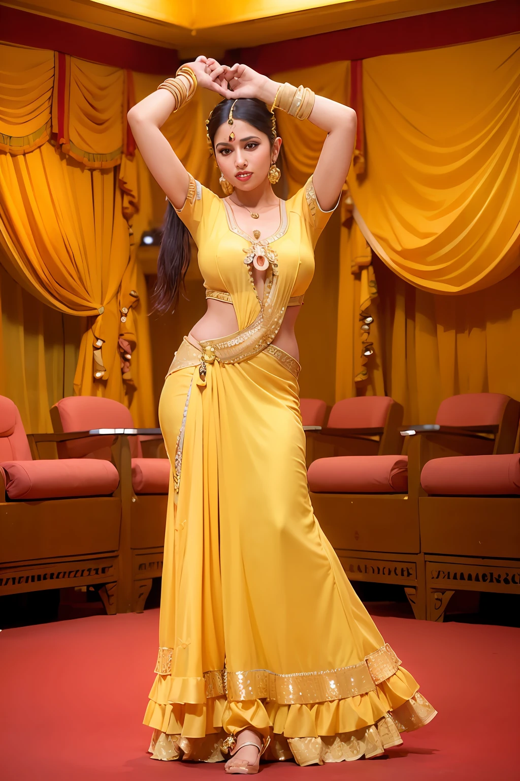 a woman is posing for a photo,(wearing indian_dance_dress:1.3), yellow dress, 
good hand,4k, high-res, masterpiece, best quality, head:1.3,((Hasselblad photography)), finely detailed skin, sharp focus, (cinematic lighting), collarbone, night, soft lighting, dynamic angle, [:(detailed face:1.2):0.2],(((exhibition inside theater))),