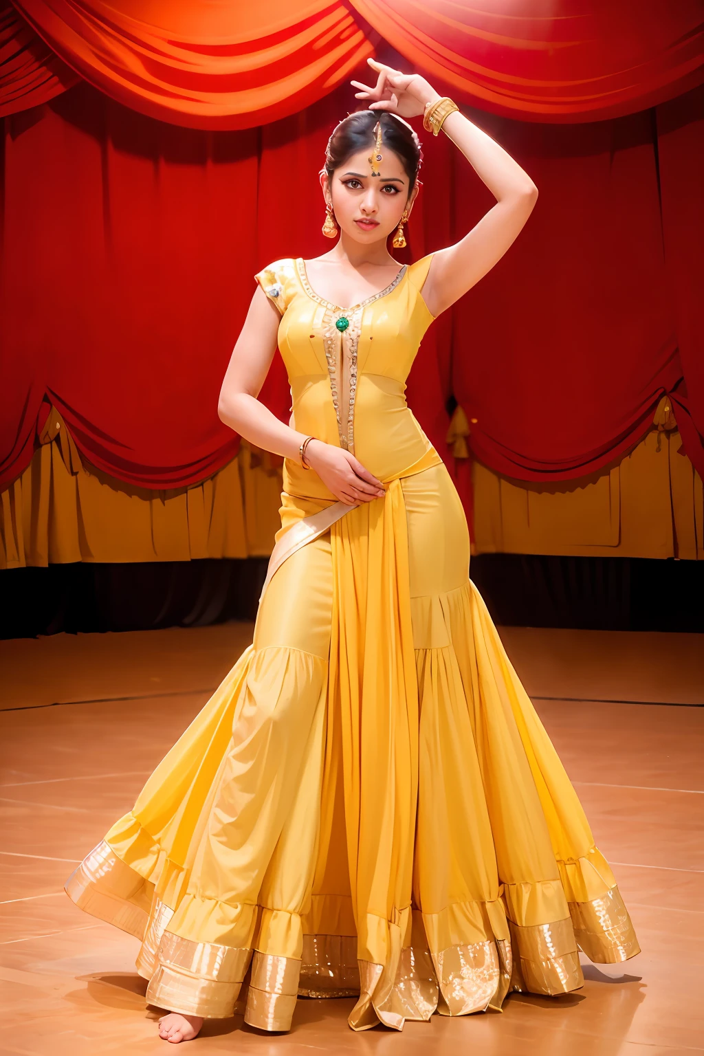 a woman is posing for a photo,(wearing indian_dance_dress:1.3), yellow dress, 
good hand,4k, high-res, masterpiece, best quality, head:1.3,((Hasselblad photography)), finely detailed skin, sharp focus, (cinematic lighting), collarbone, night, soft lighting, dynamic angle, [:(detailed face:1.2):0.2],(((exhibition inside theater))),