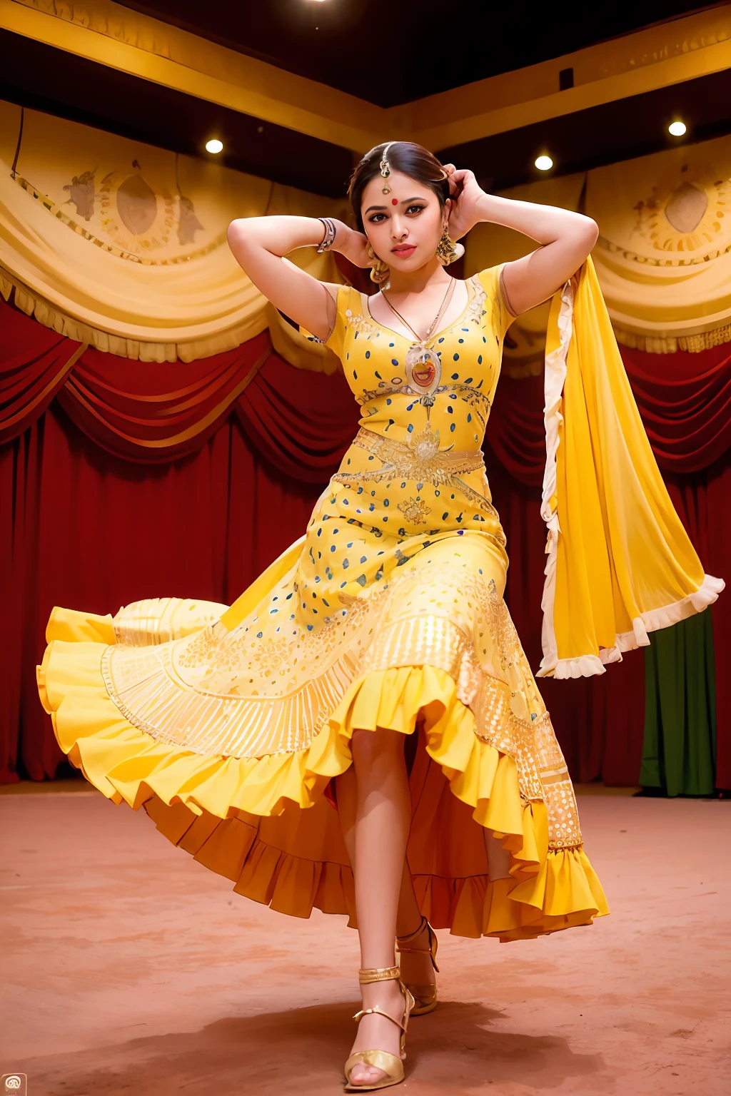 a woman is posing for a photo,(wearing indian_dance_dress:1.3), yellow dress, 
good hand,4k, high-res, masterpiece, best quality, head:1.3,((Hasselblad photography)), finely detailed skin, sharp focus, (cinematic lighting), collarbone, night, soft lighting, dynamic angle, [:(detailed face:1.2):0.2],(((exhibition inside theater))),