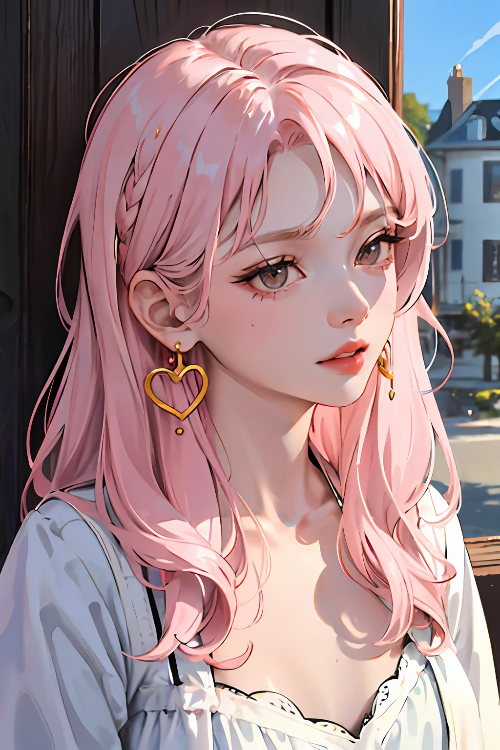 (masterpiece:1.2, best quality), (real photo, intricate details), solo, 1milf, house, close-up of face, dress, (front focus), large round earrings, jewelry, Looking at people, slightly wavy hair, long hair, pink hair, layered hair, heart lips, big round eyes, small breasts, thin, slim