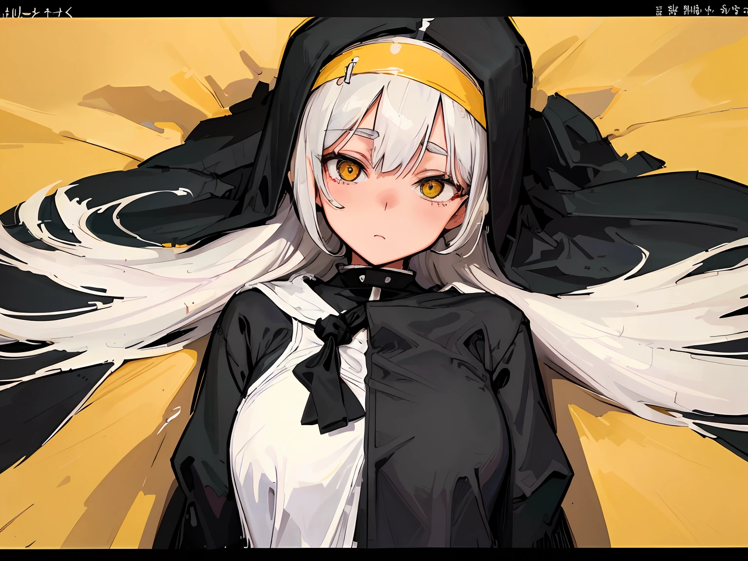 ((Masterpiece)),(((Best quality))),(CharacterDesignSheet,Same role,frontage,Lateral face,on back),illustration,1个Giant Breast Girl,character design,greyt hair,Nun skirt,Yellow eyes,simplebackground,white backgrounid,no bandana,Bangs cover the right eye