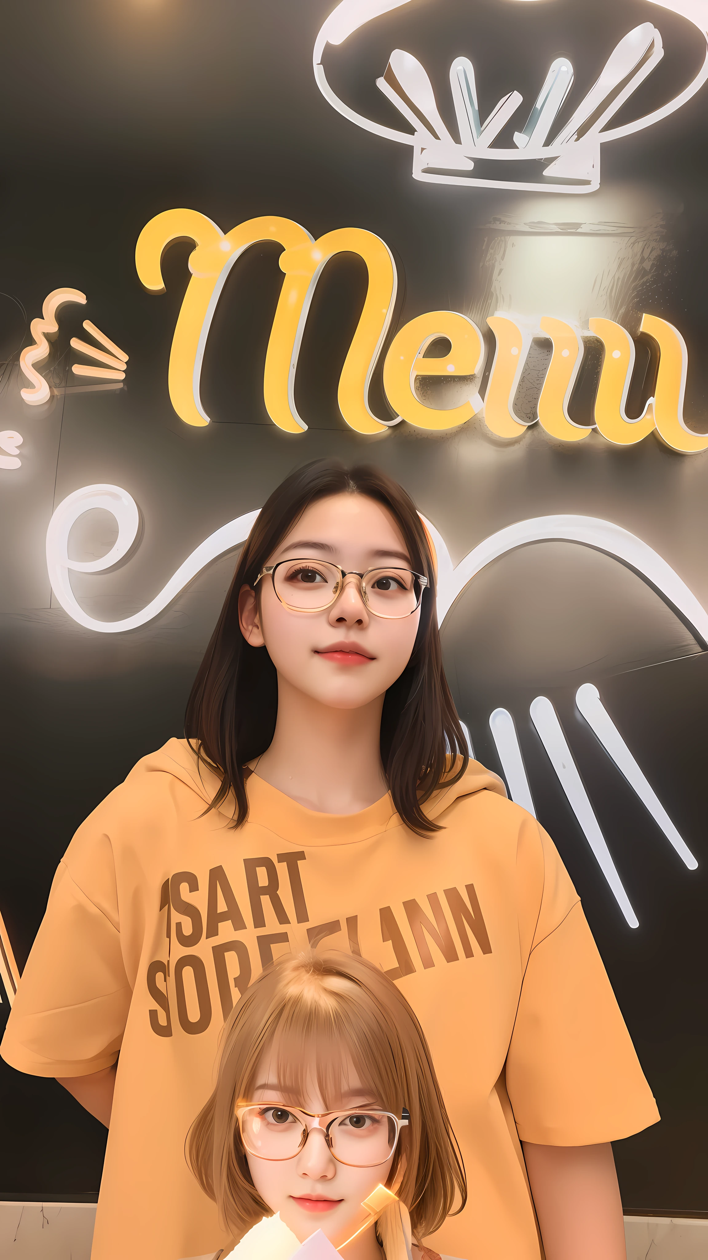 A girl wearing glasses reflecting led light standing infront of a restaurant wall, realistic, lookalike, look alike