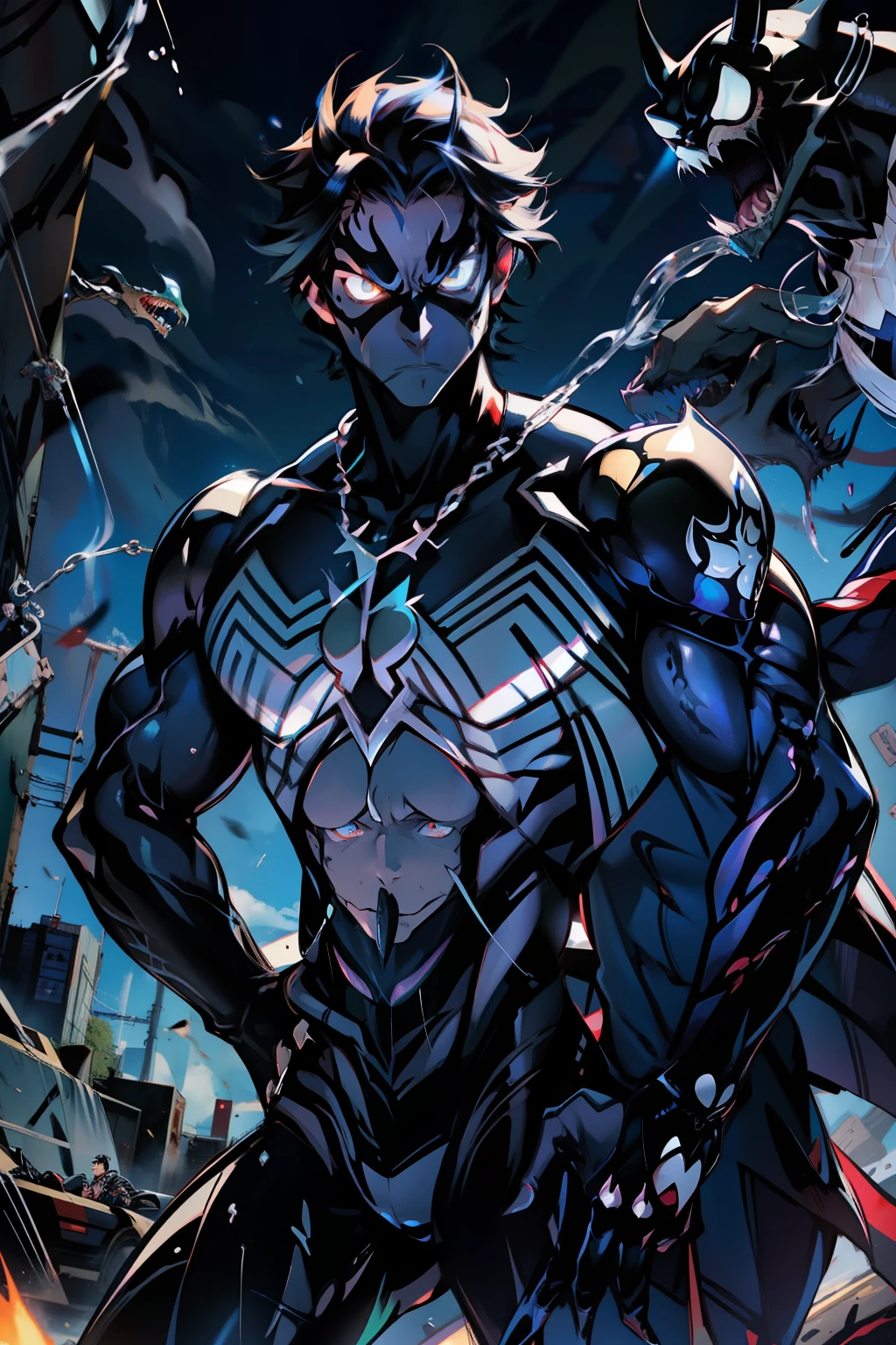《the original god》Arataki Kazuto , male people， chest muscle， Sexy , Venom symbiote for your body, Black mucus of the body , into venom, venomize，Black bodysuit，（Cloak），Red cape，Abs，（Adult male）（（Venom possession，venom symbiote）），over-Tortoise Man，Battle damage，((Masterpiece)), ((Best quality)), Ultra detailed,((illustration)), Dynamic Angle, Detailed light, (Delicate eyes), Floating, 1boy, Male focus, Head, Clothing, Yellow eyes, necklace, tattoo, (Forehead:0.8), (ahoge:0.8), jewelry, brunette color hair,apathy，Ray， chest muscle， Sexy , Venom symbiote for your body, Black mucus of the body , （into venom）, Venom，frontage，Bust photo，White tight-fitting top，spiderman outfit，style of anime4 K， 4K anime wallpaper， Badass anime 8 K， 4 k comic wallpaper， young anime man， Anime boys， Anime wallpapers 4 k， Anime wallpaper 4K， High quality anime art style， Anime moe art style， Anime art wallpaper 8 K， Anime art wallpaper 4 K， RGB lighting，