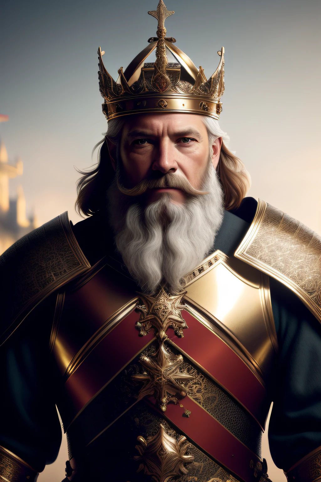 best quality, 500px, cgsociety, 8k, raw photo of (beautiful:1.2) human king, wear king crown, king armor, 40yo, beard, in castle, full body, ambient light, backlight, volumetric lighting, realistic, realistic lighting, cinematic lighting, depth of field, sharp focus, (high contrast:1.2), (film grain)