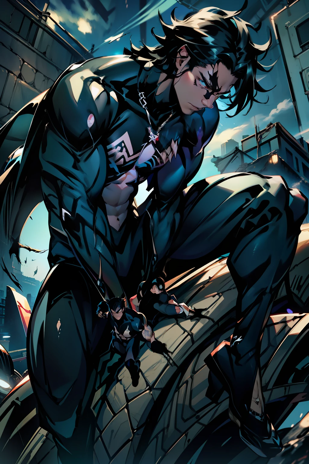 《the original god》Arataki Kazuto , male people, chest muscle, Sexy , Venom symbiote for your body, Black mucus of the body , into venom, venomize,Black bodysuit,(Cloak),Red cape,Abs,(Adult male)((Venom possession,venom symbiote)),over-Tortoise Man,Battle damage,((Masterpiece)), ((Best quality)), Ultra detailed,((illustration)), Dynamic Angle, Detailed light, (Delicate eyes), Floating, 1boy, Male focus, Head, Clothing, Yellow eyes, necklace, tattoo, (Forehead:0.8), (ahoge:0.8), jewelry, brunette color hair,apathy,Ray, chest muscle, Sexy , Venom symbiote for your body, Black mucus of the body , (into venom), Venom,frontage,Bust photo,White tight-fitting top,spiderman outfit,style of anime4 K, 4K anime wallpaper, Badass anime 8 K, 4 k comic wallpaper, young anime man, Anime boys, Anime wallpapers 4 k, Anime wallpaper 4K, High quality anime art style, Anime moe art style, Anime art wallpaper 8 K, Anime art wallpaper 4 K, RGB lighting,